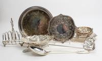 A Collection of Silver-Plate Articles, various makers, comprising a reticulated basket, tray, salver, trivet, bonbon dish, serving spoo