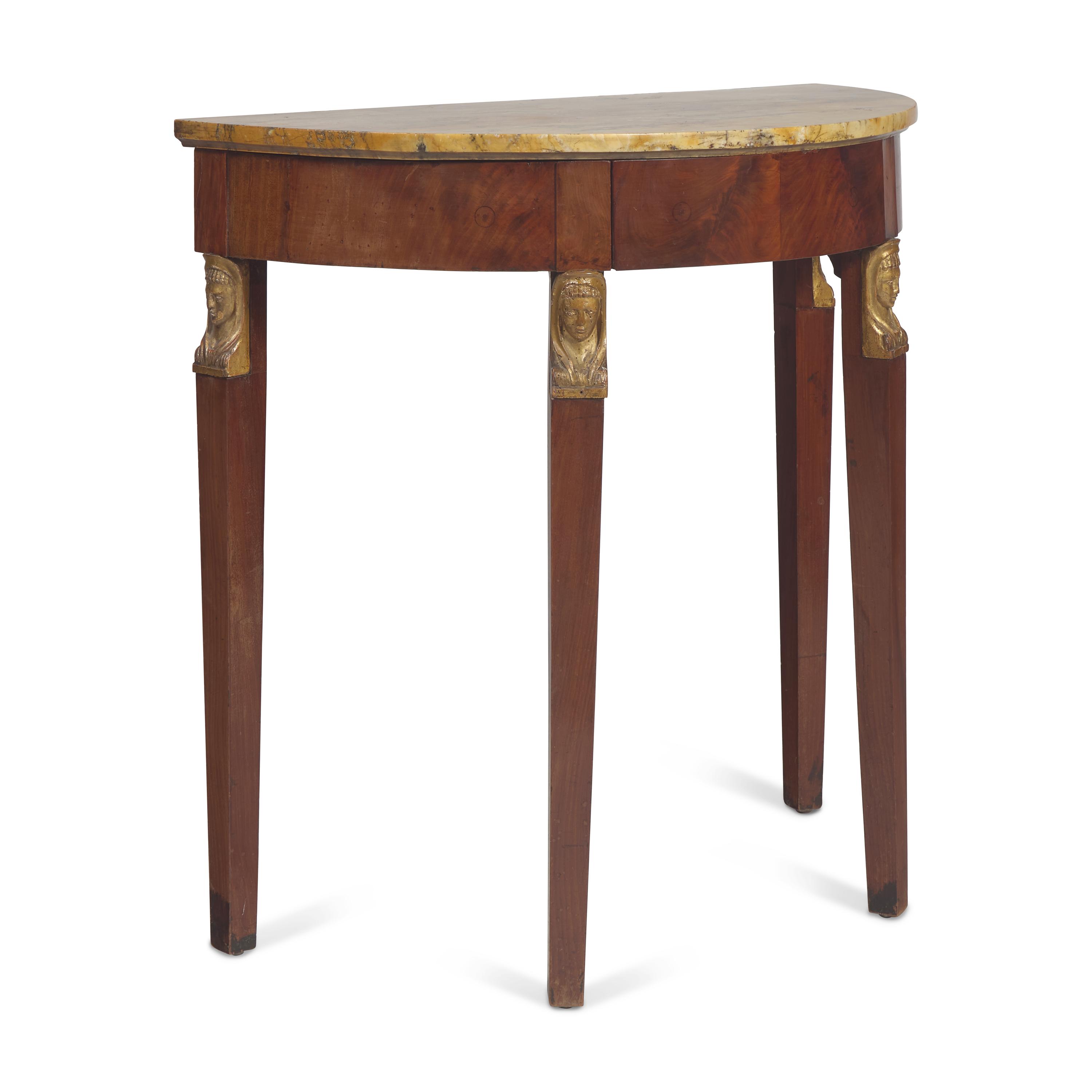 An Empire Parcel Gilt Mahogany Marble Top Demi-Lune Console Table