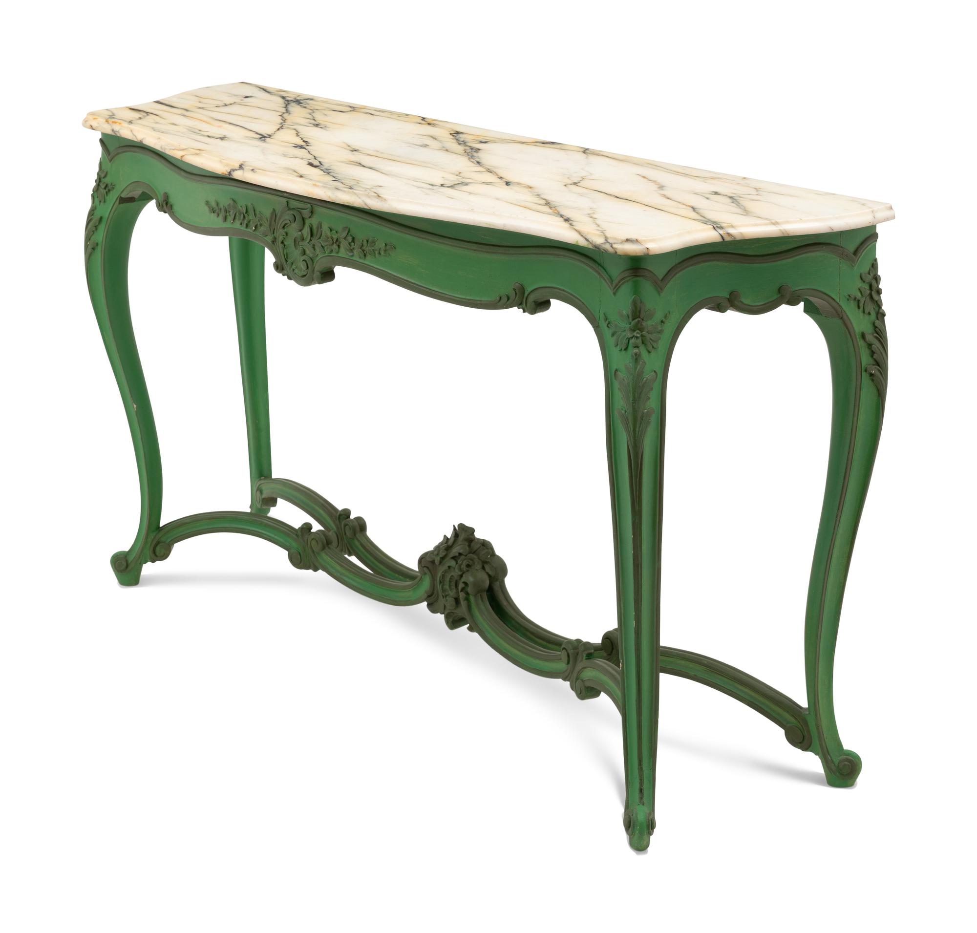 A Louis XV Style Green-Painted Marble-Top Console Table