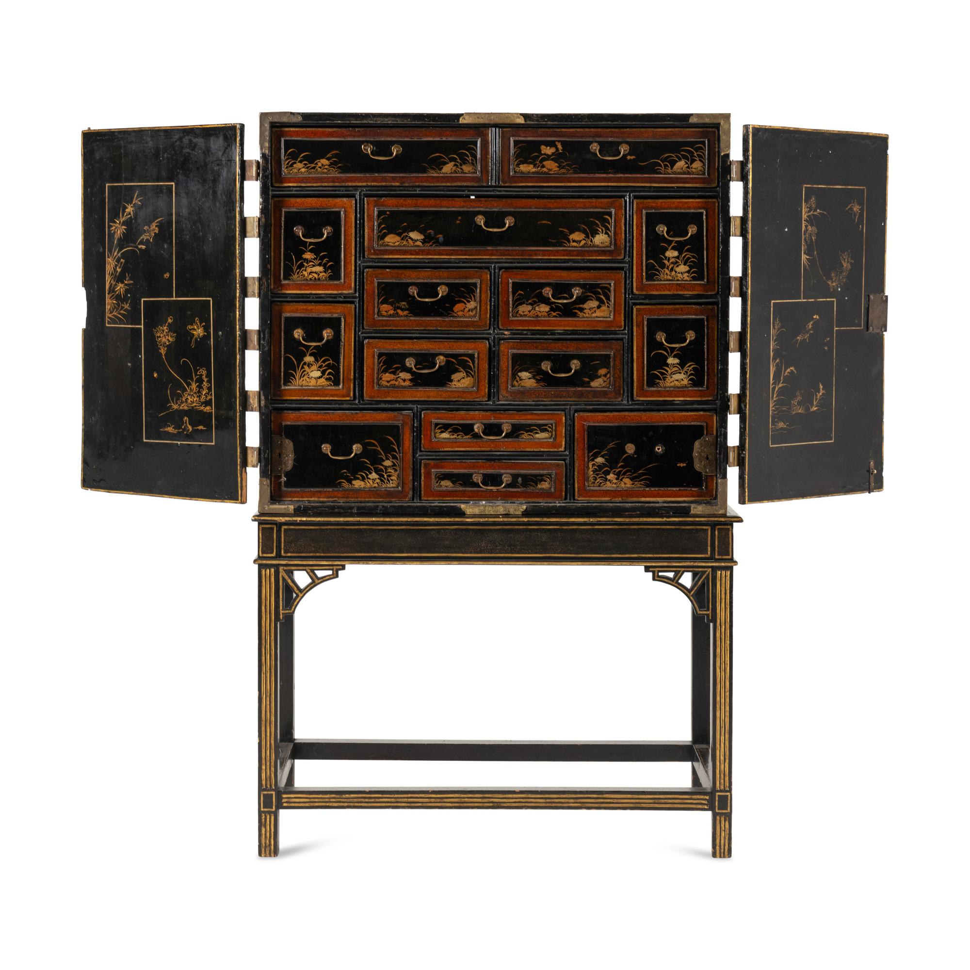 A Japanese Lacquer and Brass-Mounted Cabinet on Stand