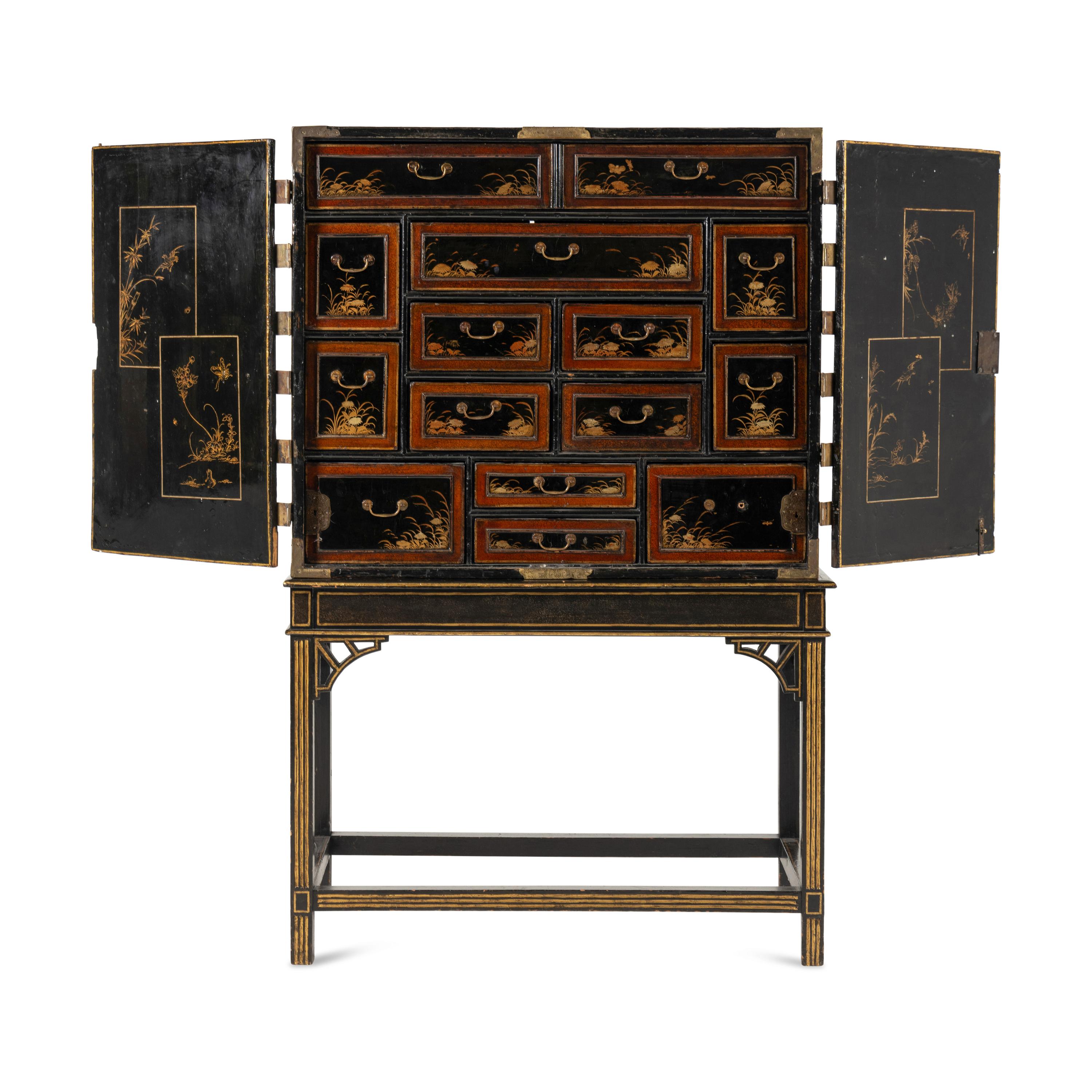 A Japanese Lacquer and Brass-Mounted Cabinet on Stand