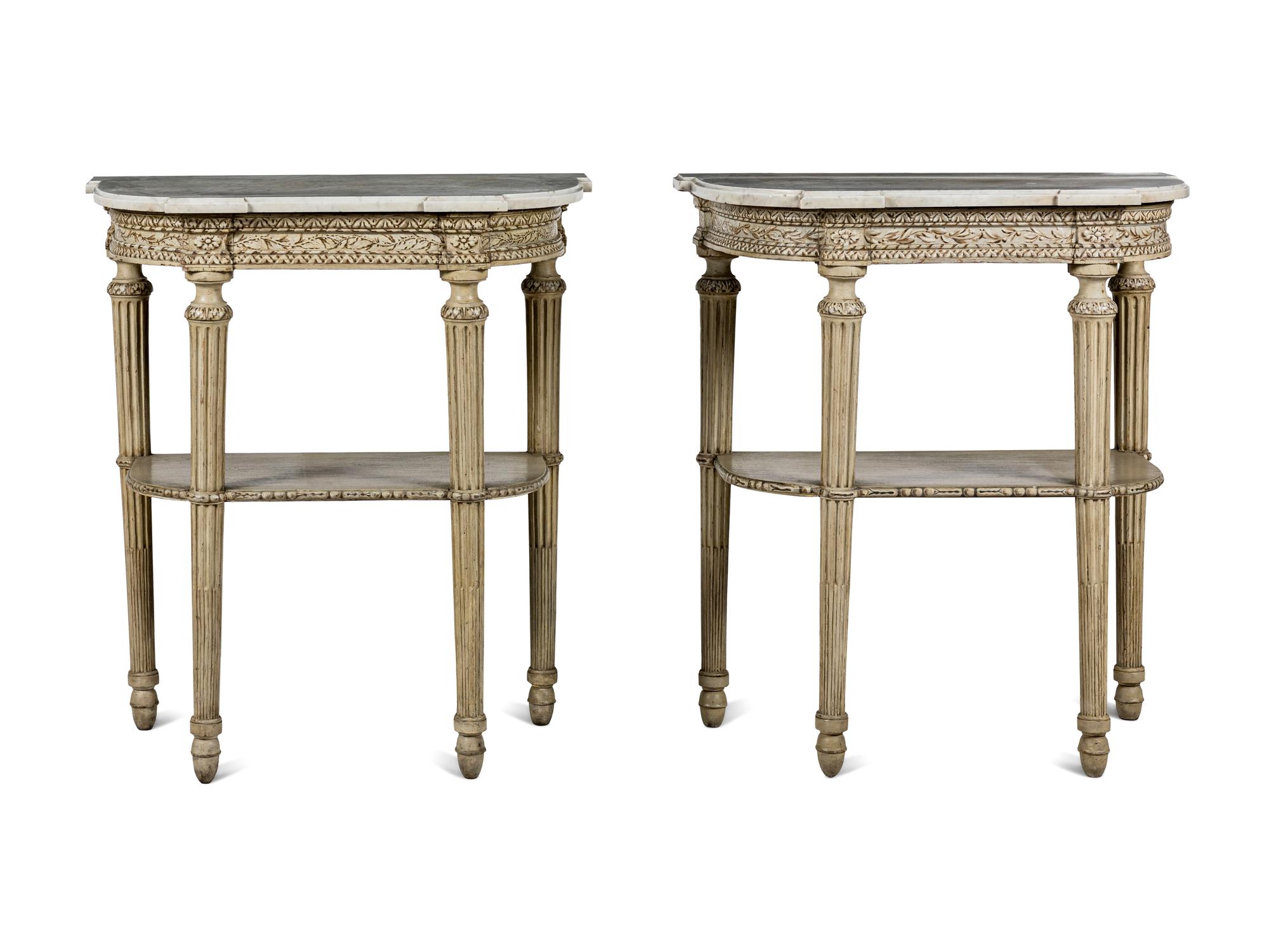 A Pair of Louis XVI Style Grisaille-Painted Console Tables