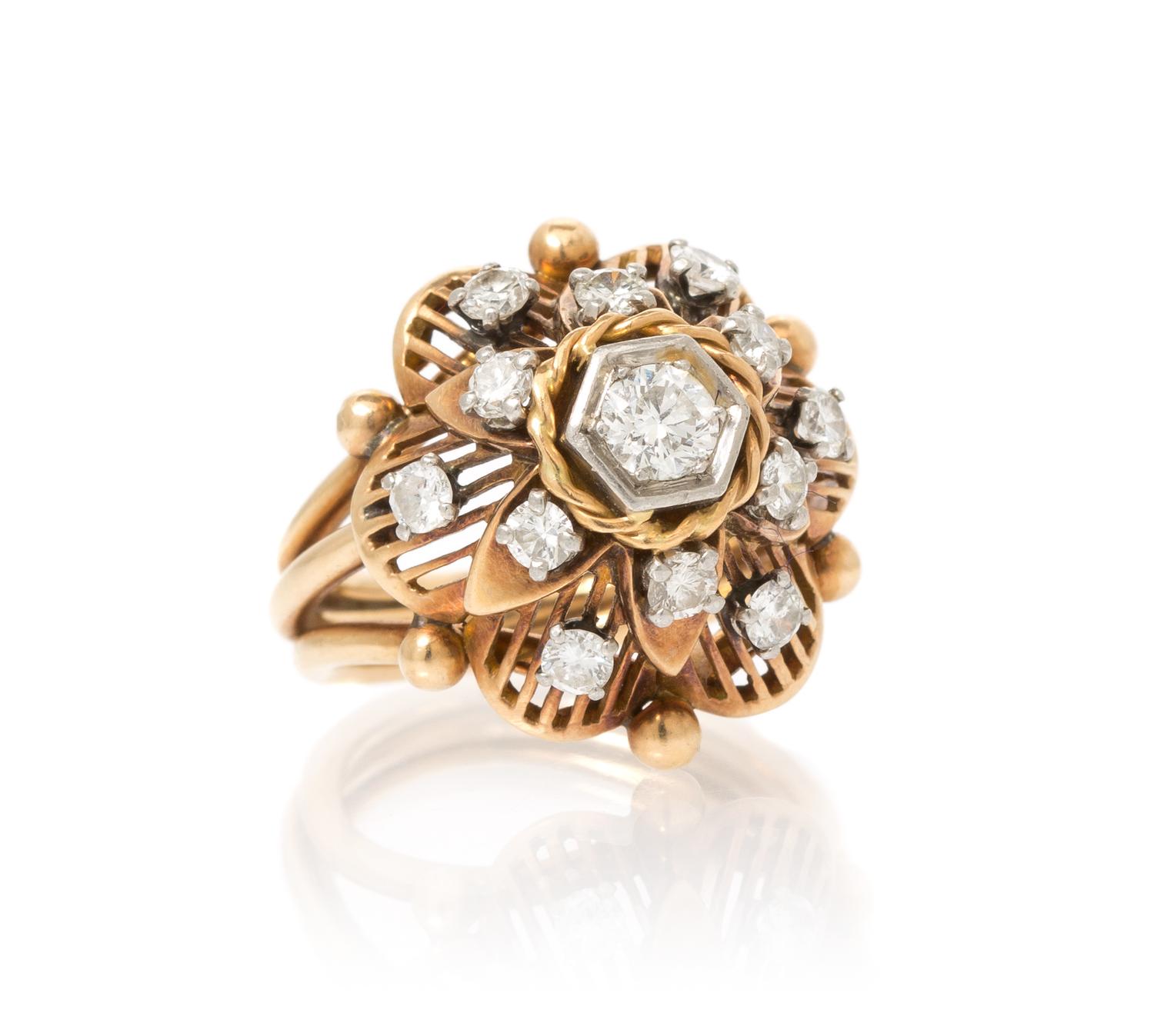 A Retro Rose Gold, Platinum and Diamond Ring, 6.40 dwts.