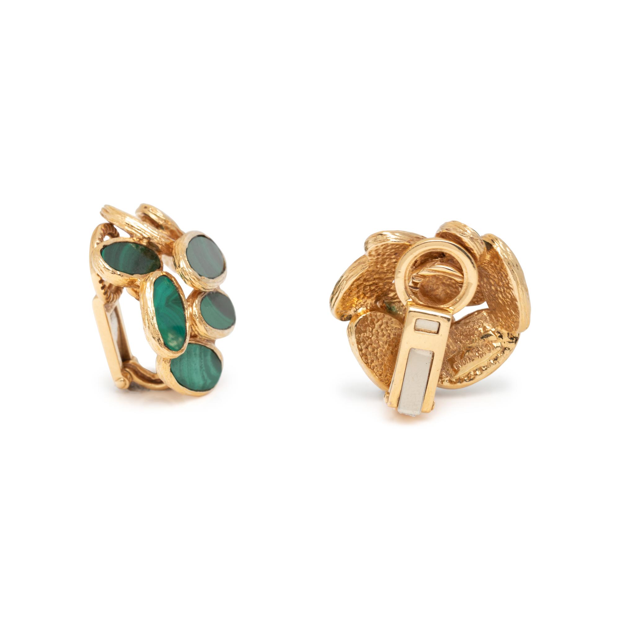 YELLOW GOLD AND MALACHITE EARCLIPS