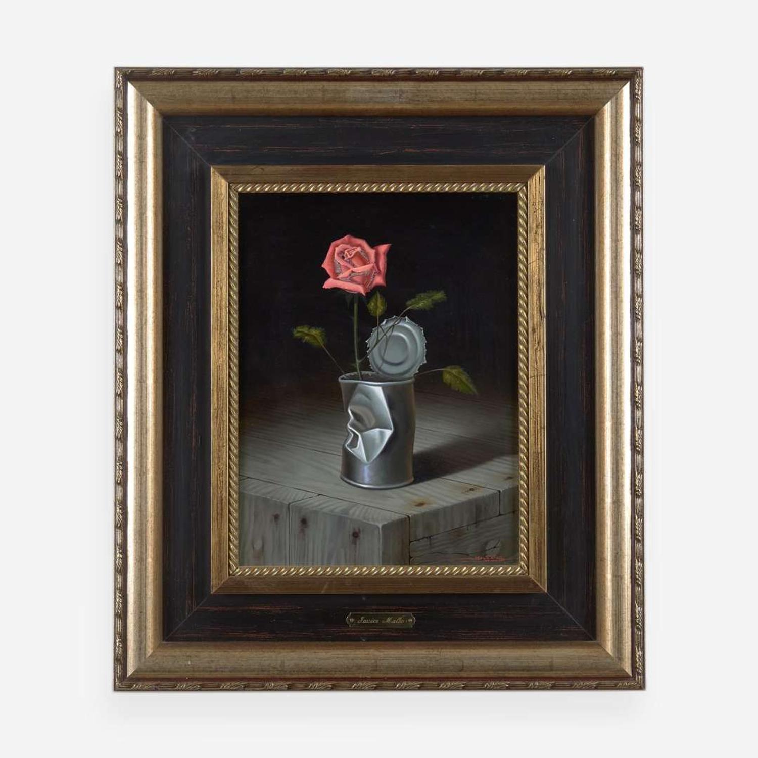Javier Mulio (Spanish, b.1957) Still Life with Metal Can and Salmon Rose