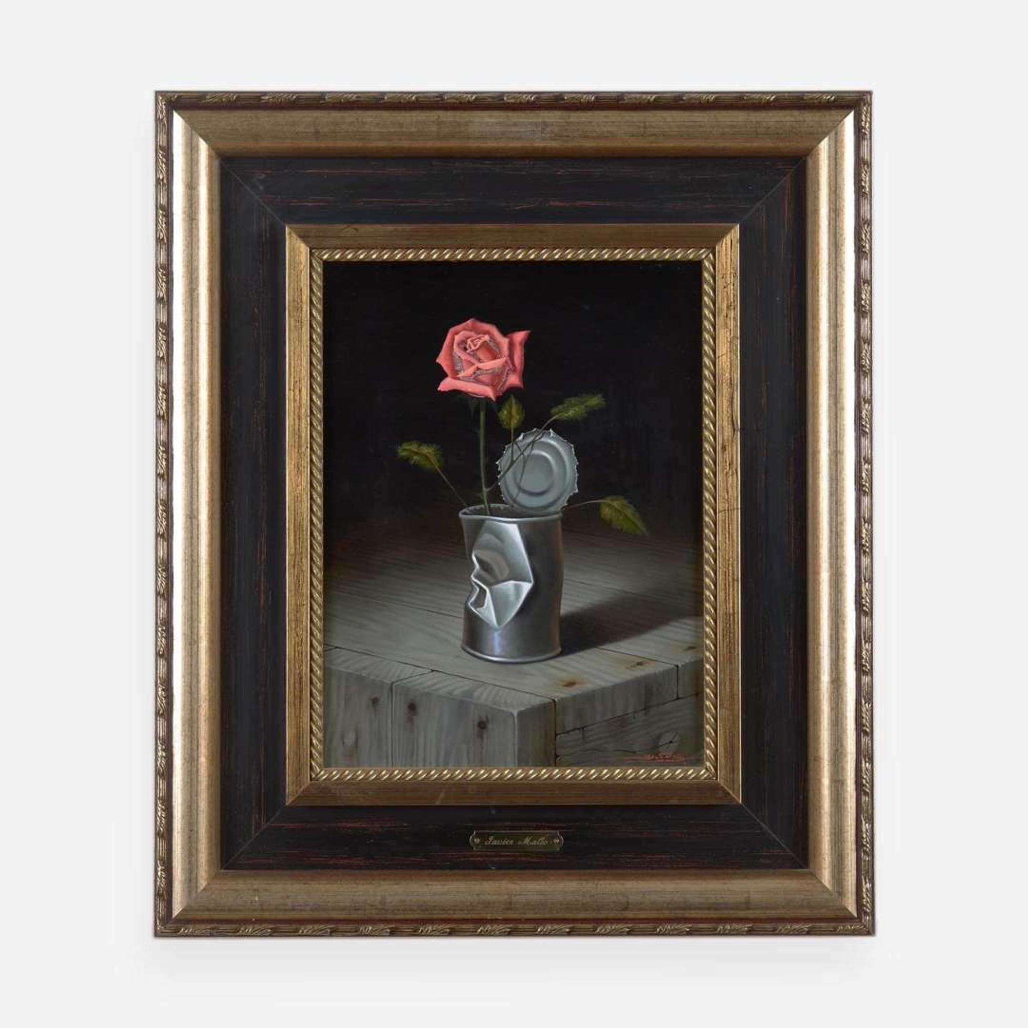 Javier Mulio (Spanish, b.1957) Still Life with Metal Can and Salmon Rose