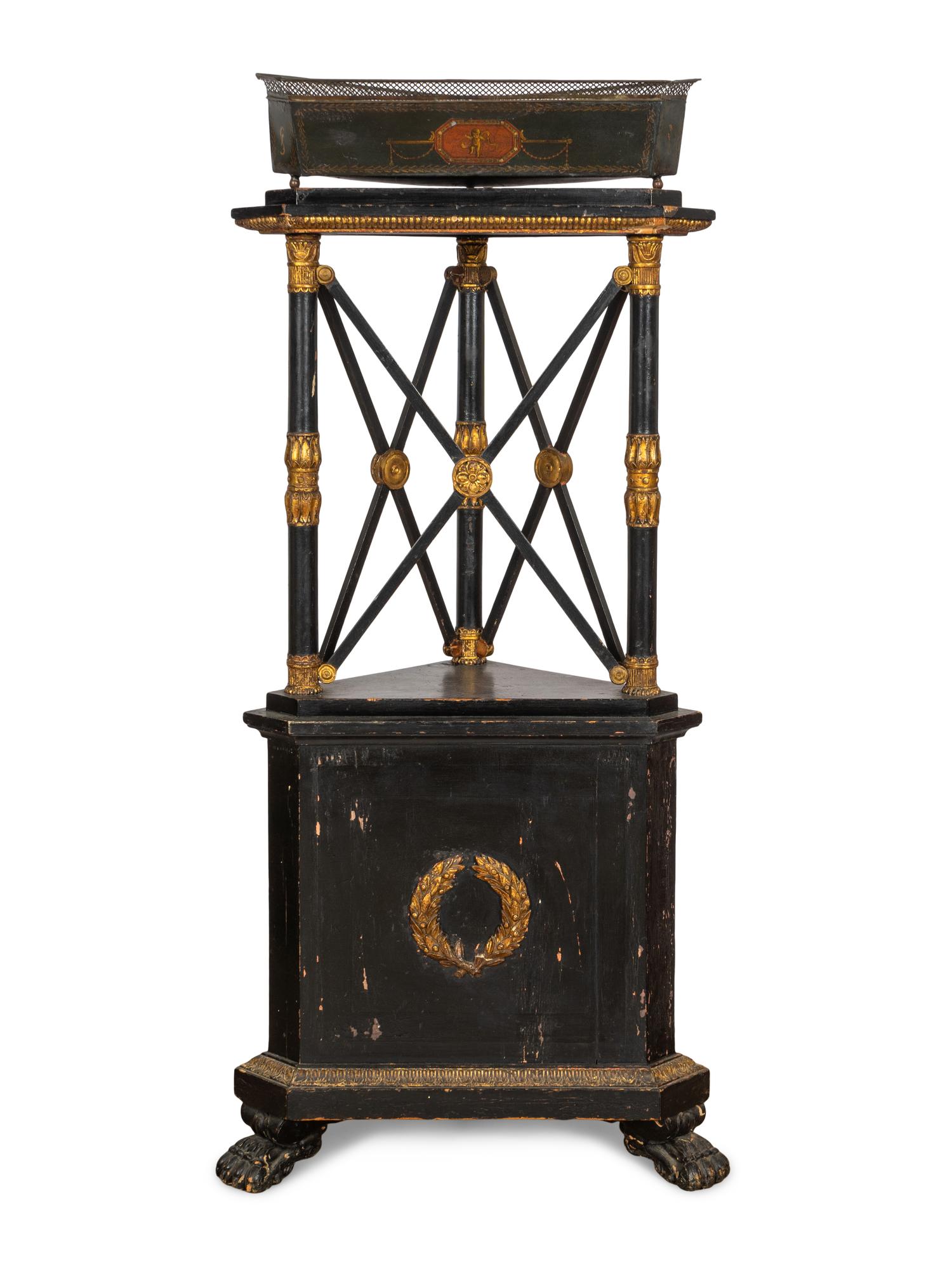 An Empire Style Ebonized and Parcel Gilt Corner Stand and Tole Jardinière
