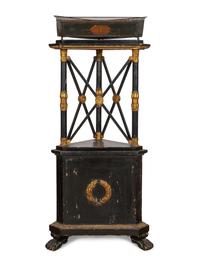 An Empire Style Ebonized and Parcel Gilt Corner Stand and Tole Jardinière