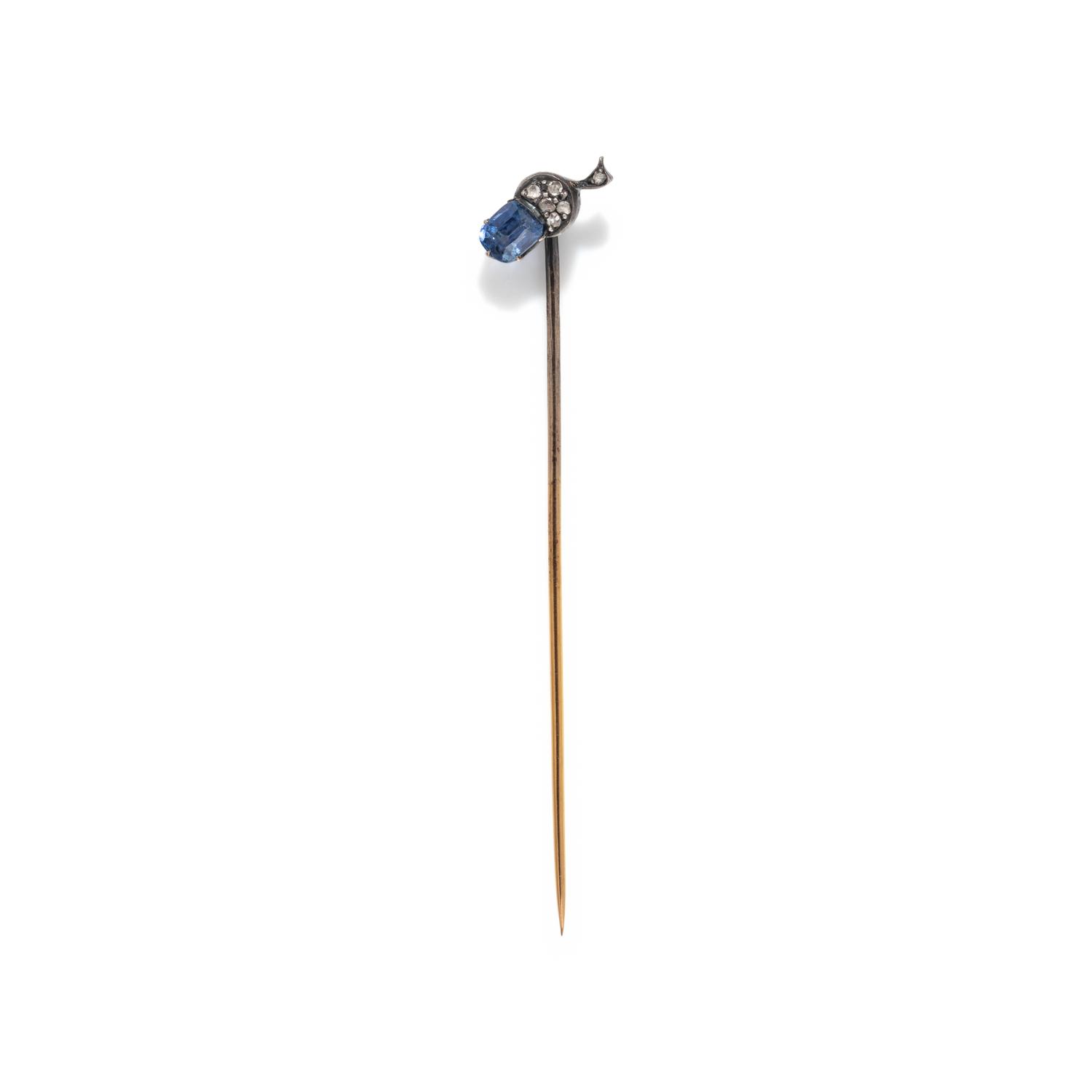 ANTIQUE, SILVER-TOPPED GOLD, SAPPHIRE, AND DIAMOND TIE PIN