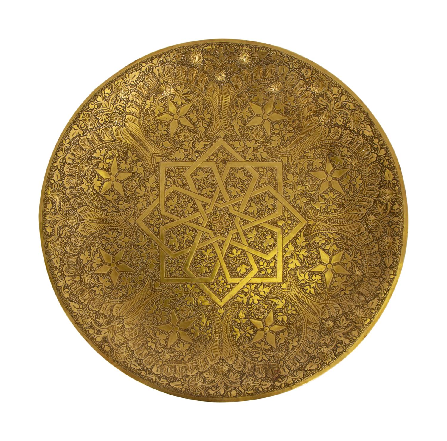 Two Chased Brass Tray-Top Occasional Tables with Ebonized and Gilt Stands — 20th Century