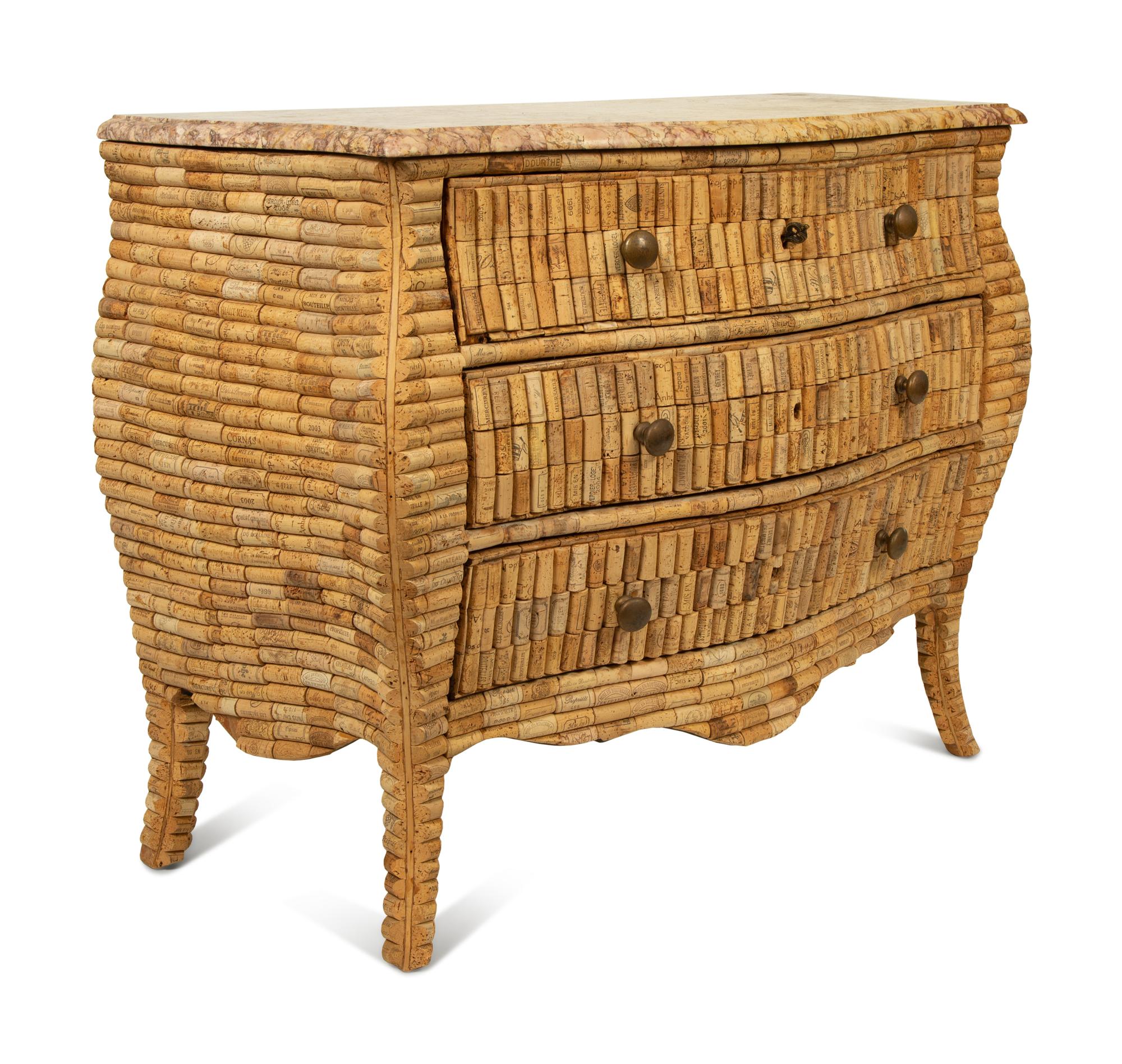 A Louis XV Style Wine Cork-Veneered Marble-Top Commode — 20TH CENTURY