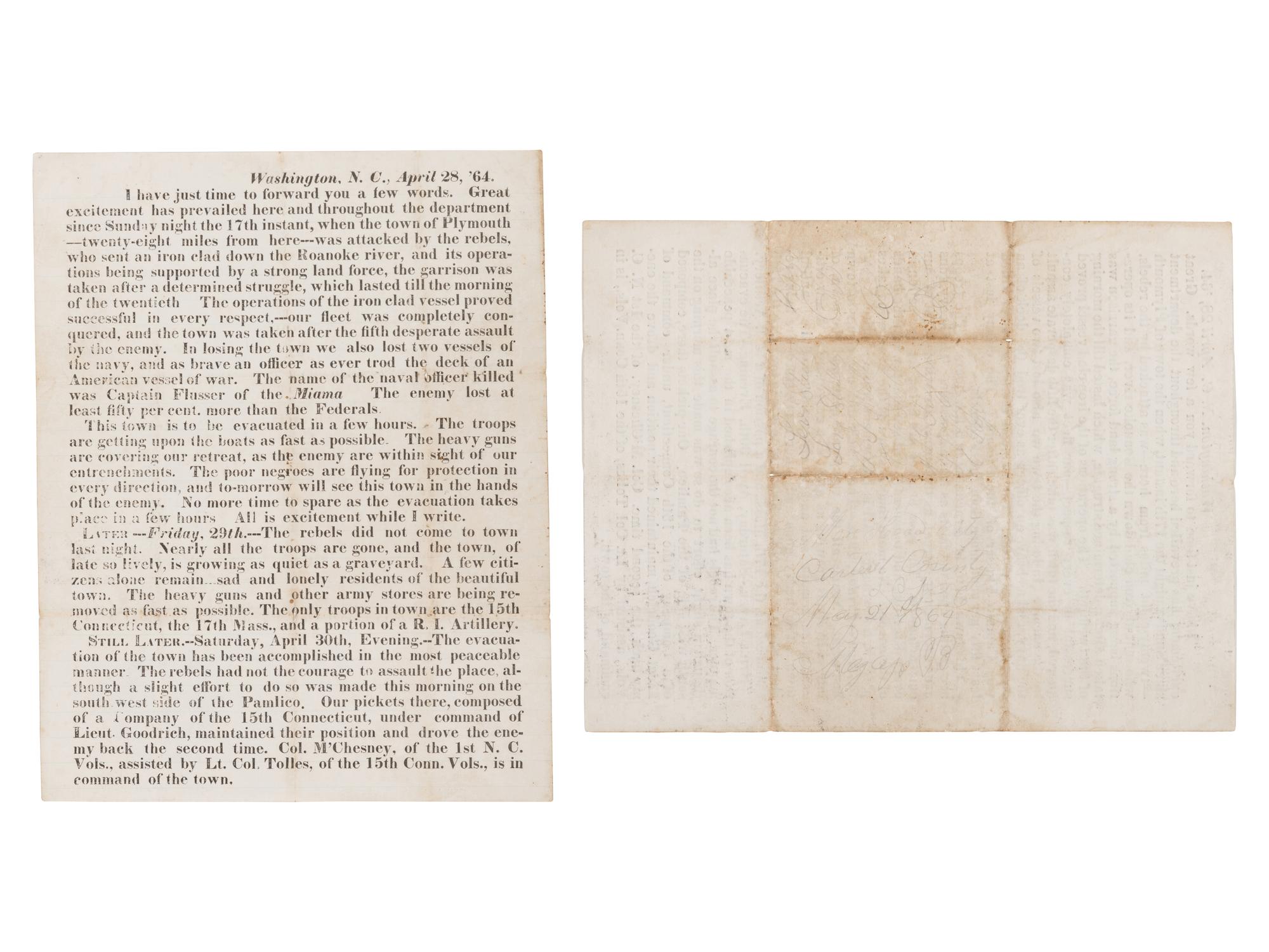 [CIVIL WAR]. [THE SIEGE AND BURNING OF WASHINGTON, NORTH CAROLINA]. Washington, N.C., April 28-30, 1864.