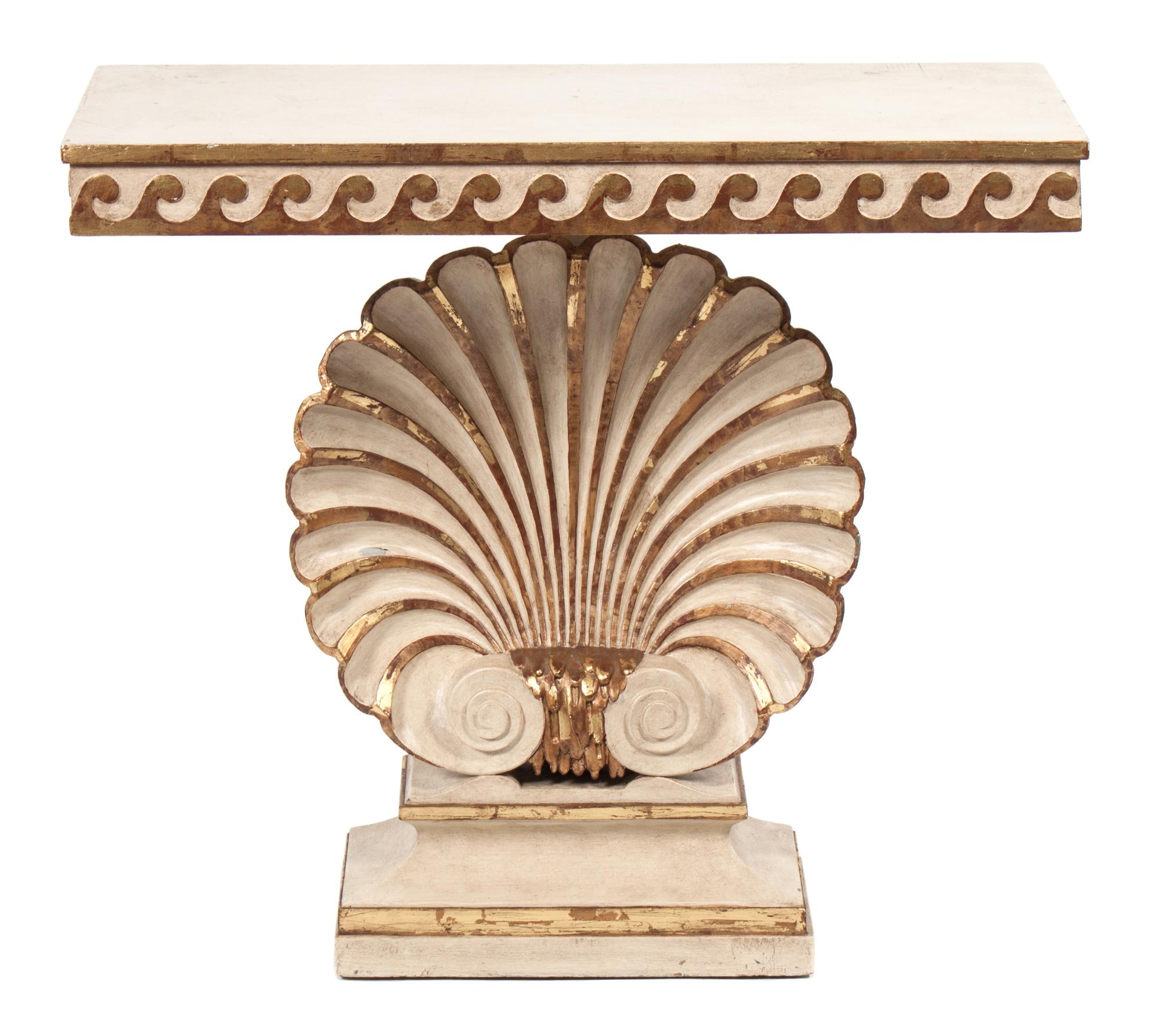 A Painted Seashell Console Table Height 30 1/4 x width 32 1/8 x depth 12 inches. — 20TH CENTURY