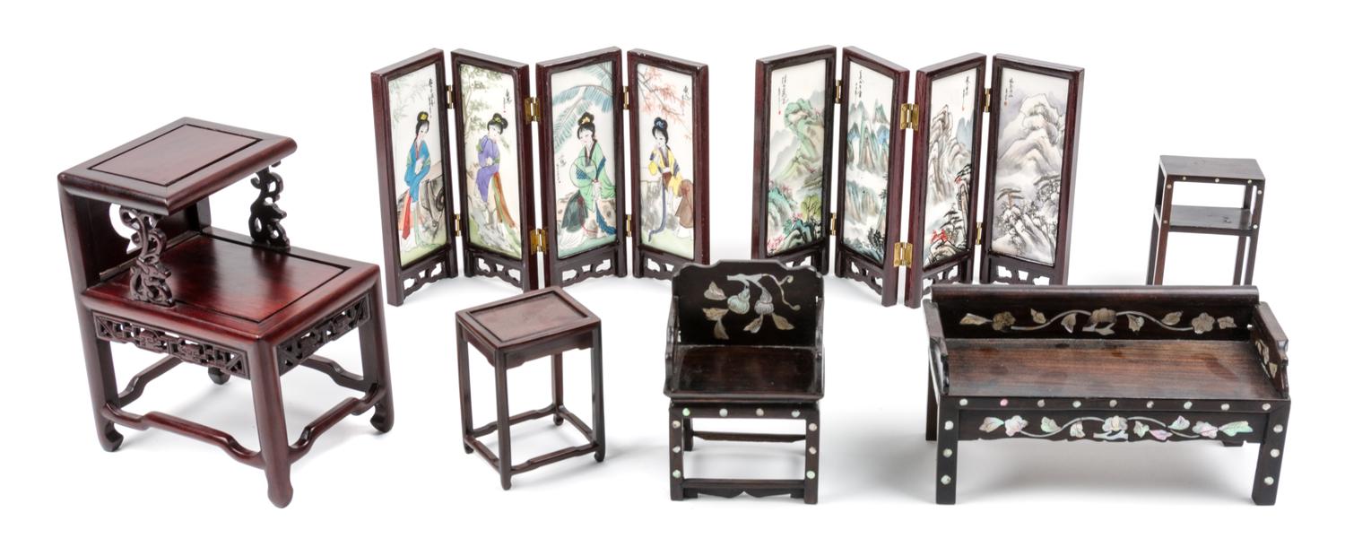 A Group of Eleven Chinese Style Diminutive Hardwood Furniture Articles