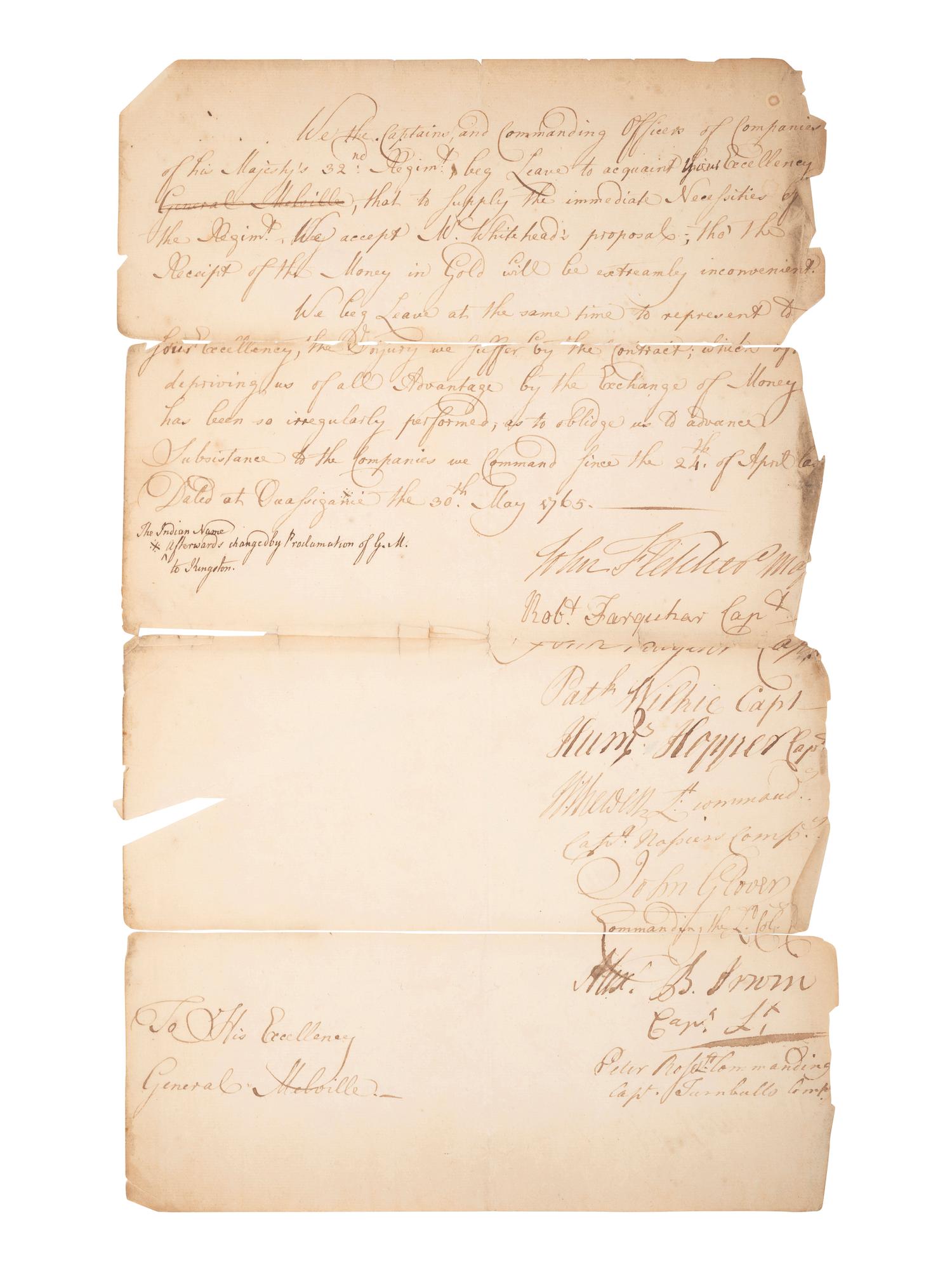 [COLONIAL]. Document associated with supplying the 32nd Regiment of Foot, 1765.