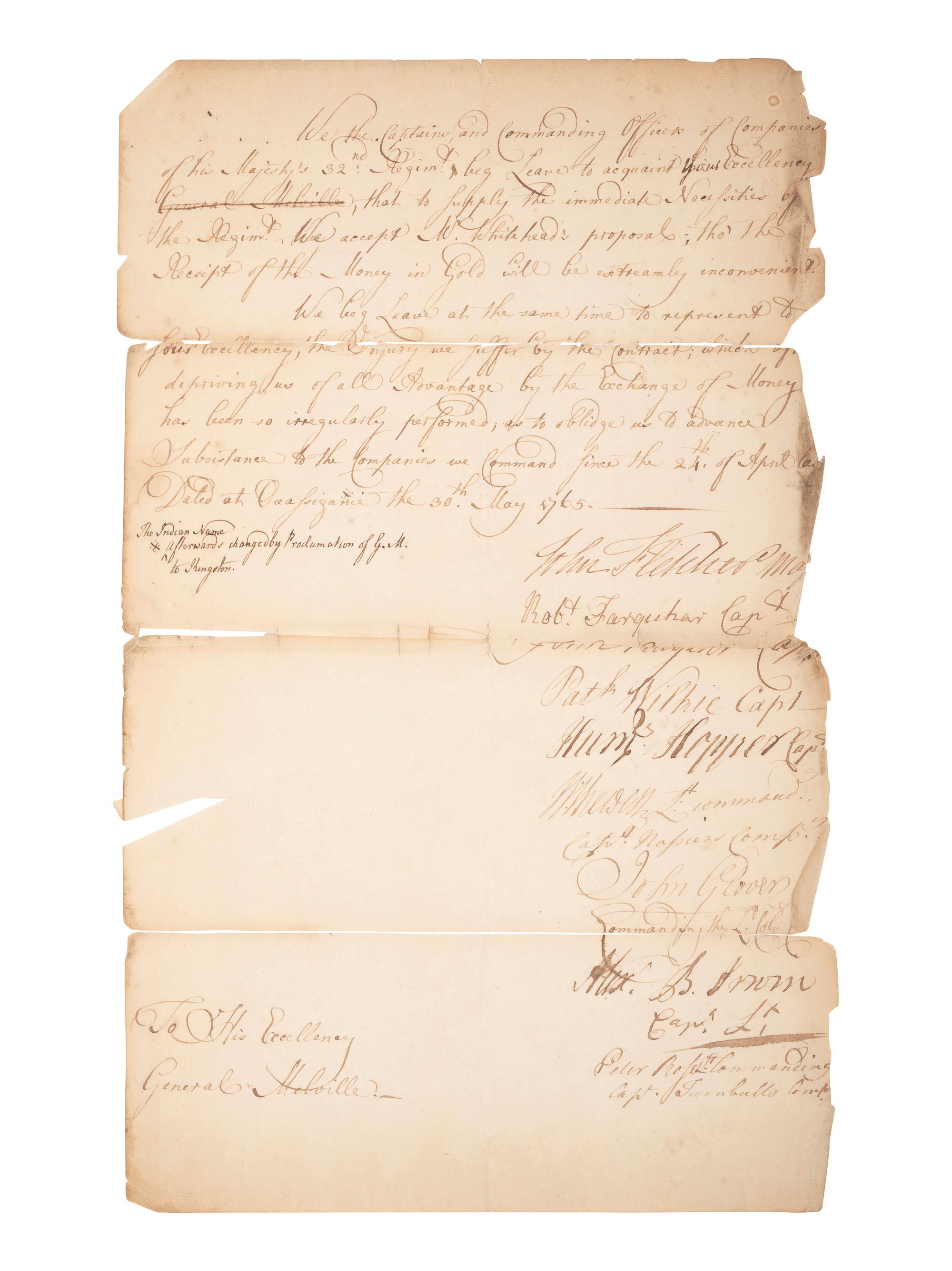 [COLONIAL]. Document associated with supplying the 32nd Regiment of Foot, 1765.