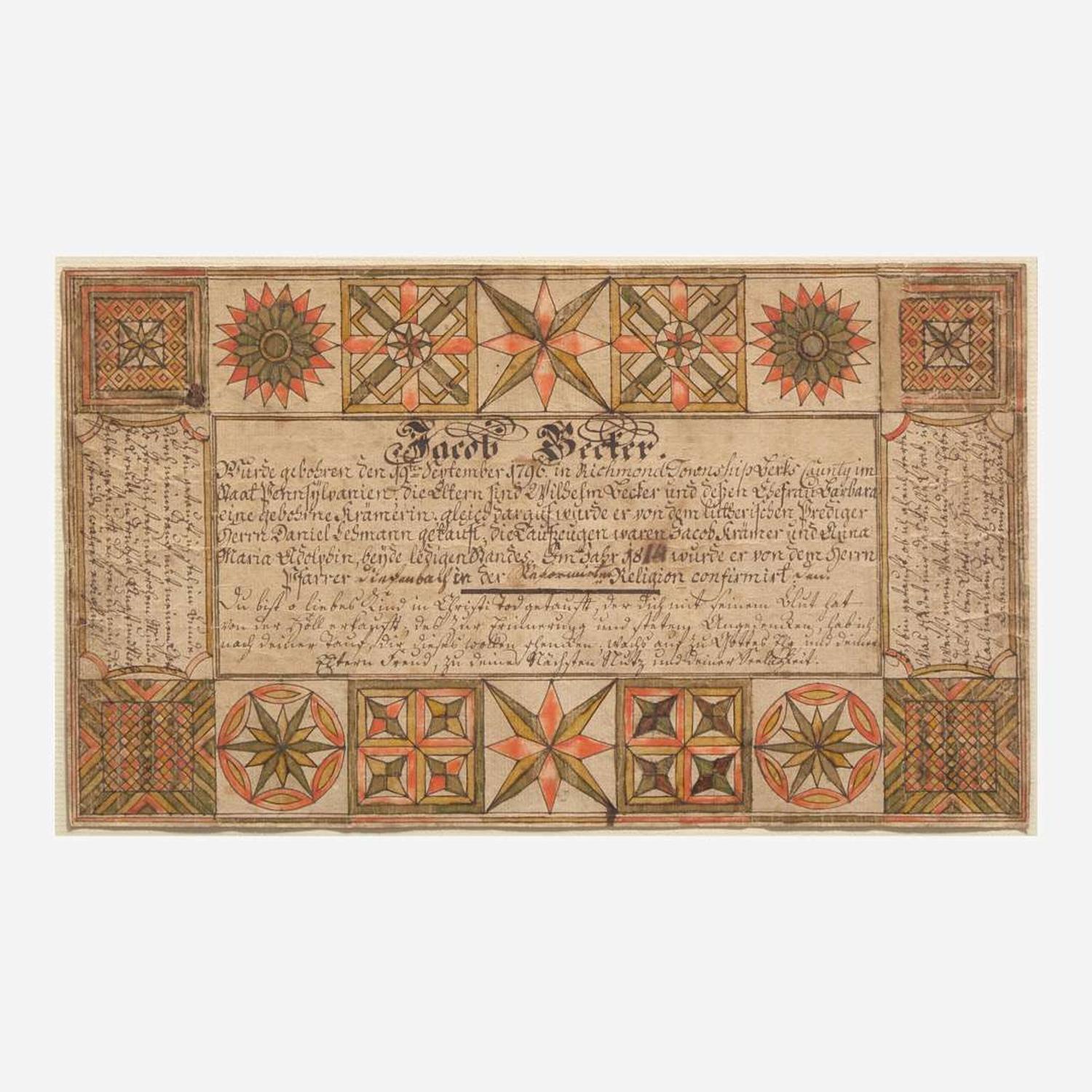 A Fraktur birth and baptism record for Jacob Bechter (b. 1796) Attributed to the Wetzel Geometric Artist, Berks County, PA, dated "1814"