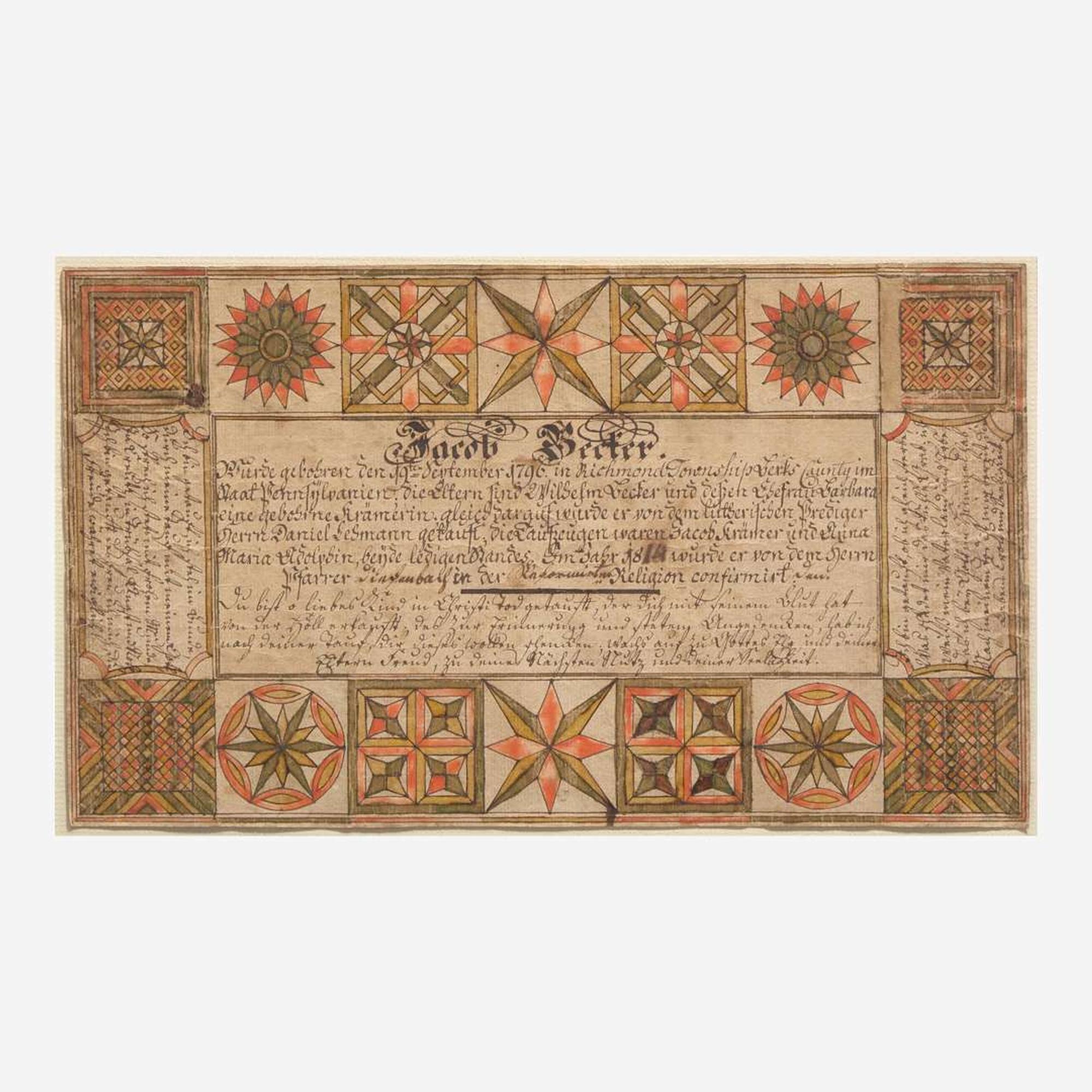 A Fraktur birth and baptism record for Jacob Bechter (b. 1796) Attributed to the Wetzel Geometric Artist, Berks County, PA, dated "1814"