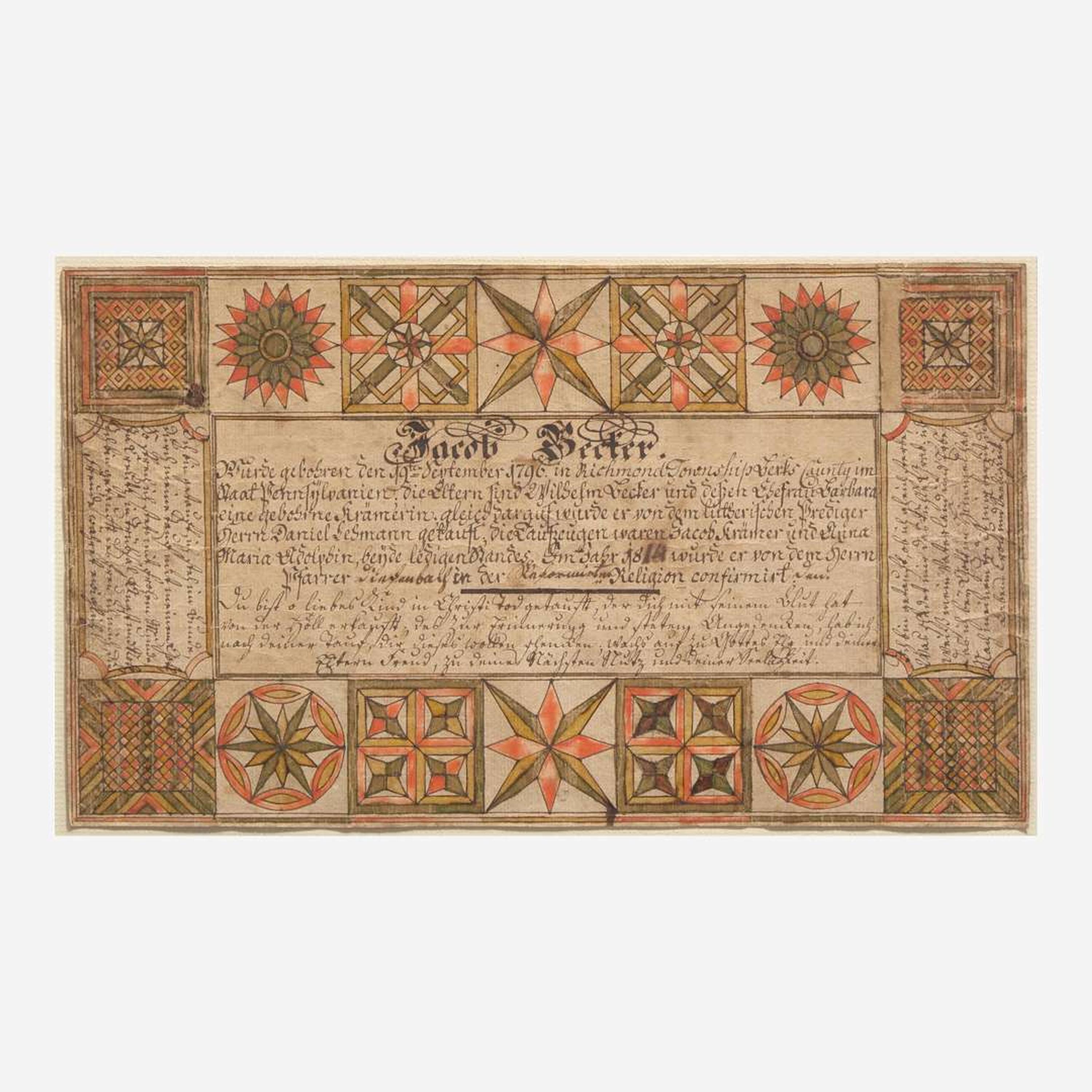 A Fraktur birth and baptism record for Jacob Bechter (b. 1796) Attributed to the Wetzel Geometric Artist, Berks County, PA, dated "1814"