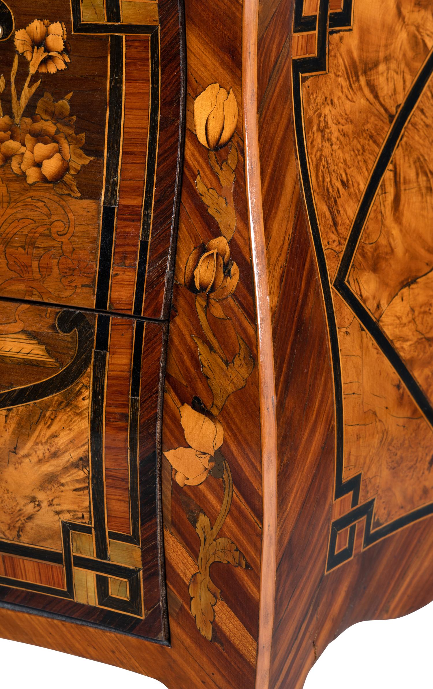 A Louis XV Style Gilt Bronze Mounted Marquetry Marble-Top Commode