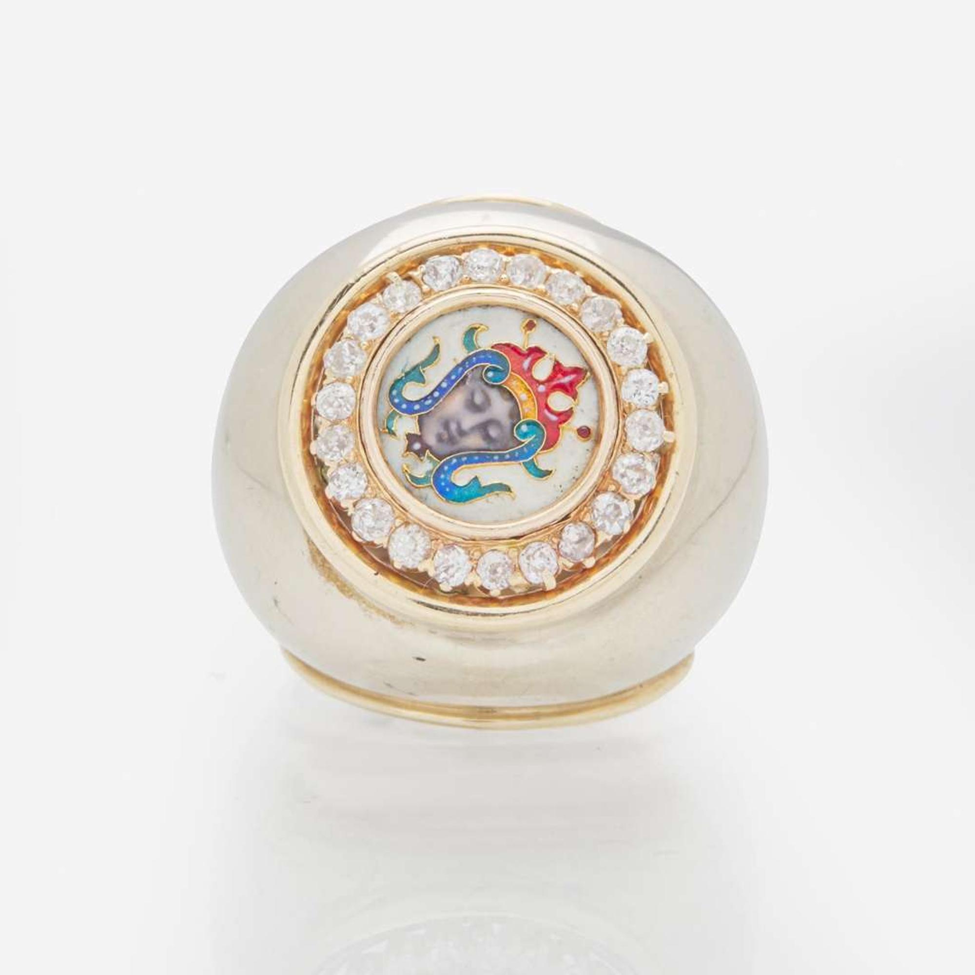 A 14K Yellow Gold, Enamel, and Diamond Ring