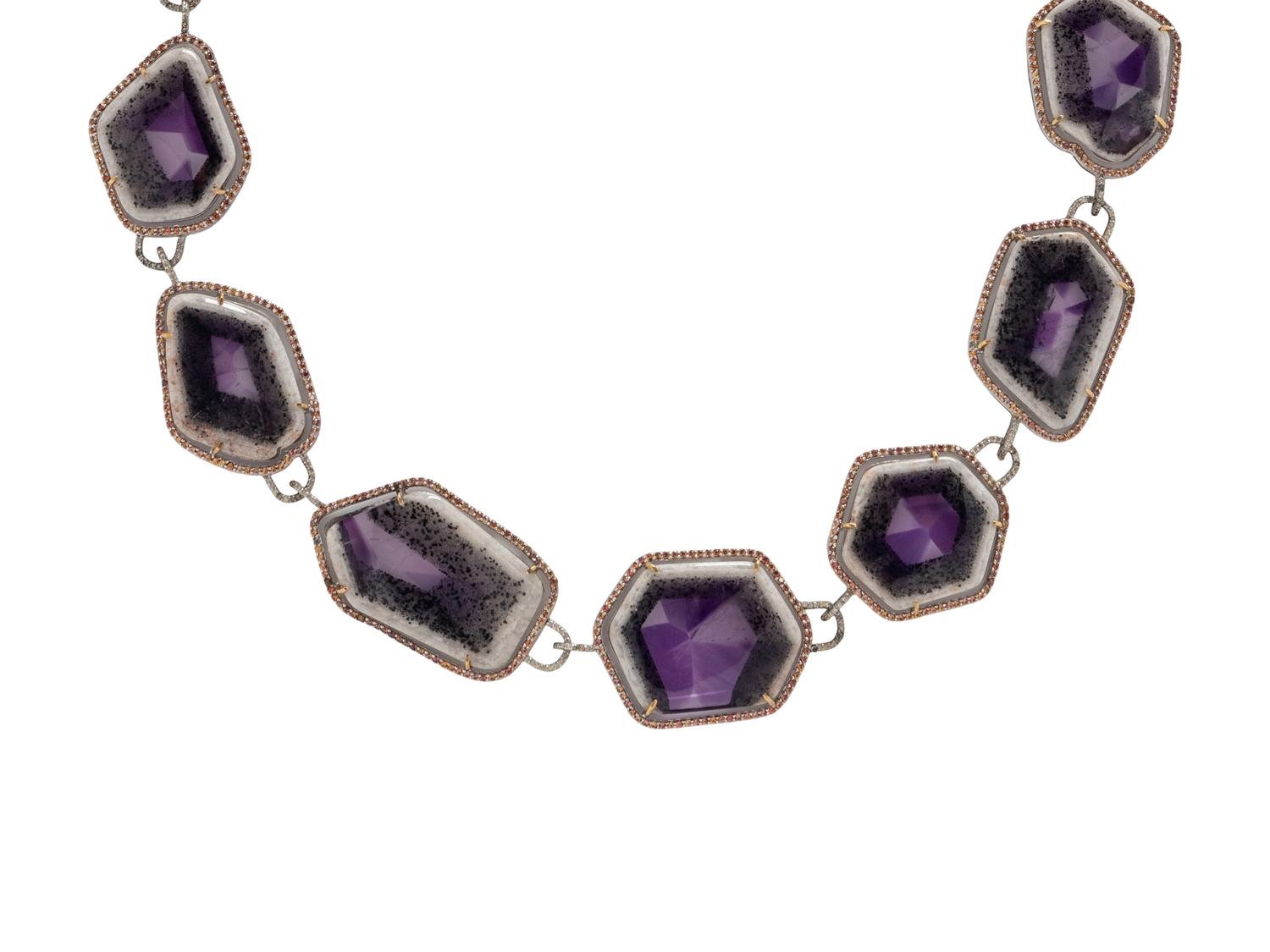 AMETHYST GEODE, ORANGE SAPPHIRE, AND DIAMOND NECKLACE