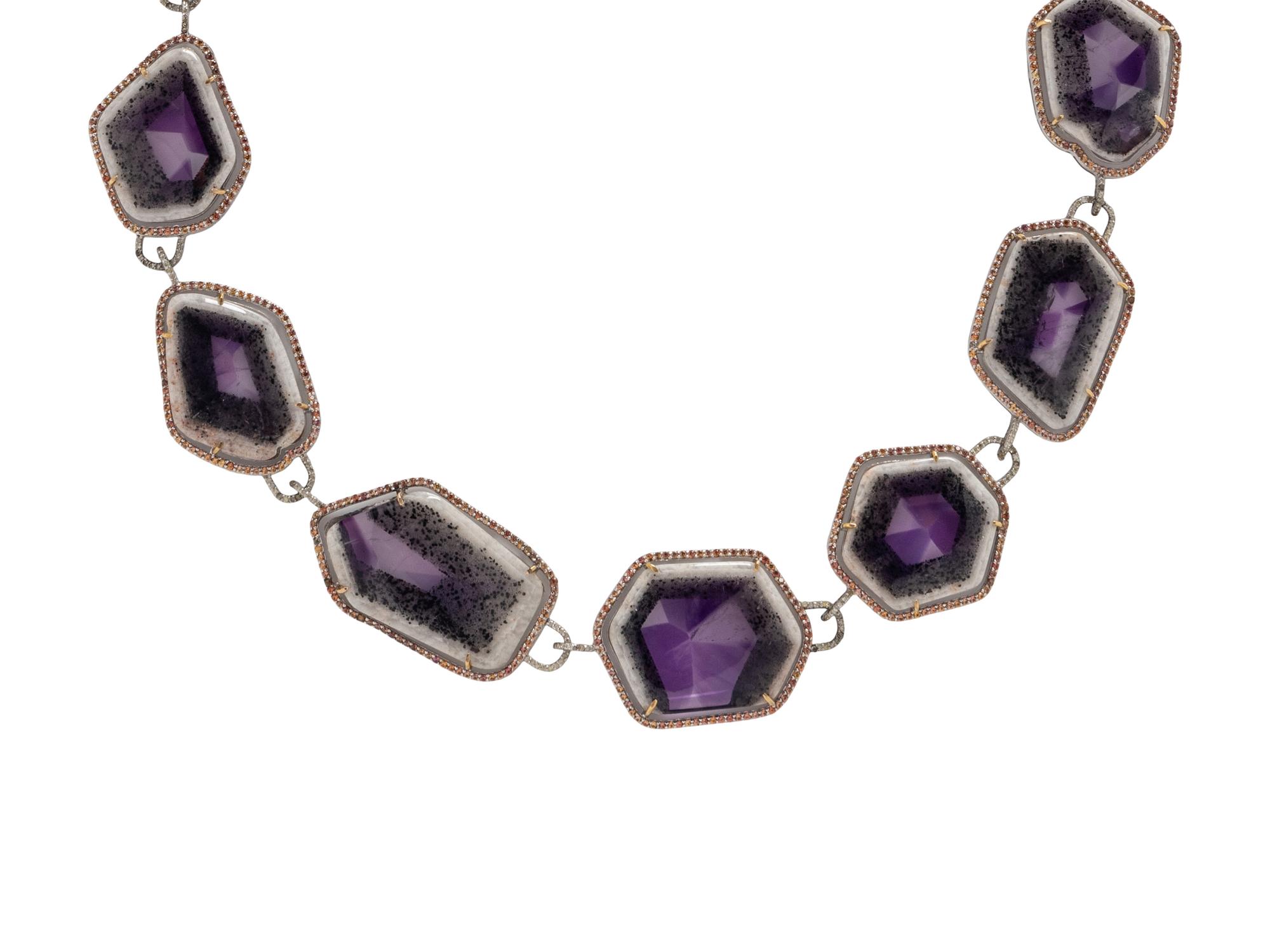AMETHYST GEODE, ORANGE SAPPHIRE, AND DIAMOND NECKLACE