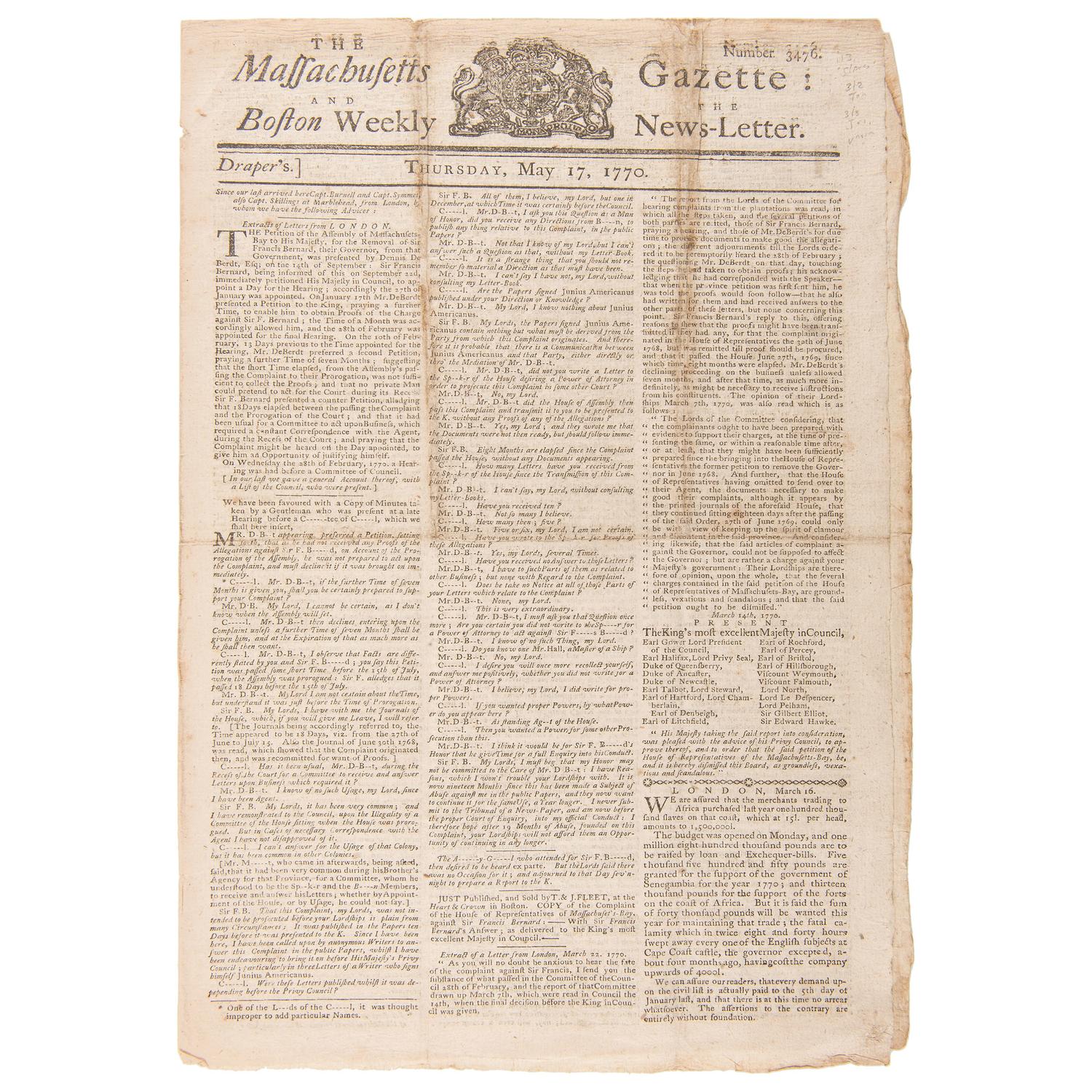 Pre-Revolutionary War Events Covered in the Massachusetts Gazette and the Boston Weekly News-Letter , 1770