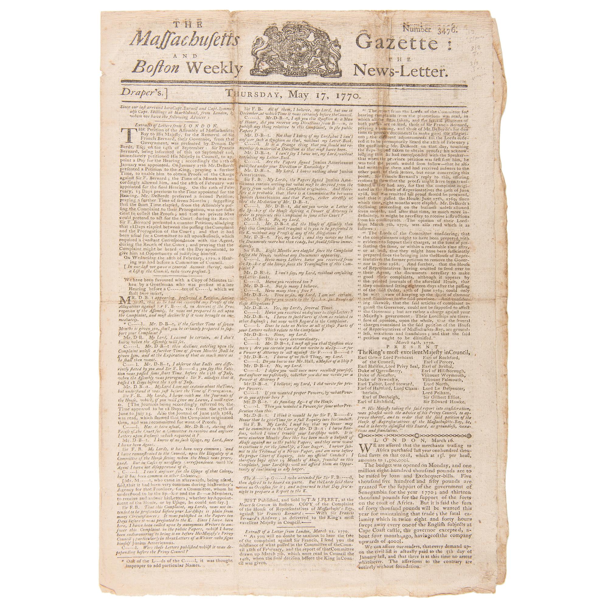 Pre-Revolutionary War Events Covered in the Massachusetts Gazette and the Boston Weekly News-Letter , 1770