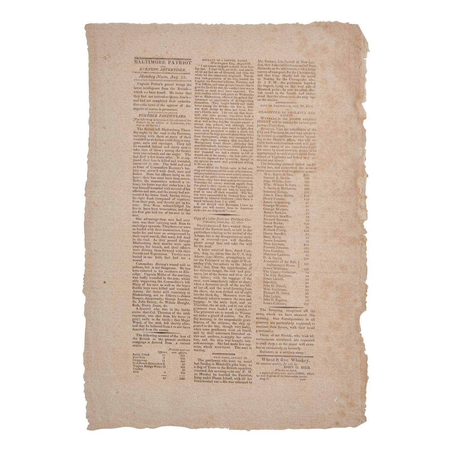 [War of 1812] Likely the Earliest Broadside of this Catastrophic Event, Containing a Description of the Burning of Washington D.C. on August 24, 1814