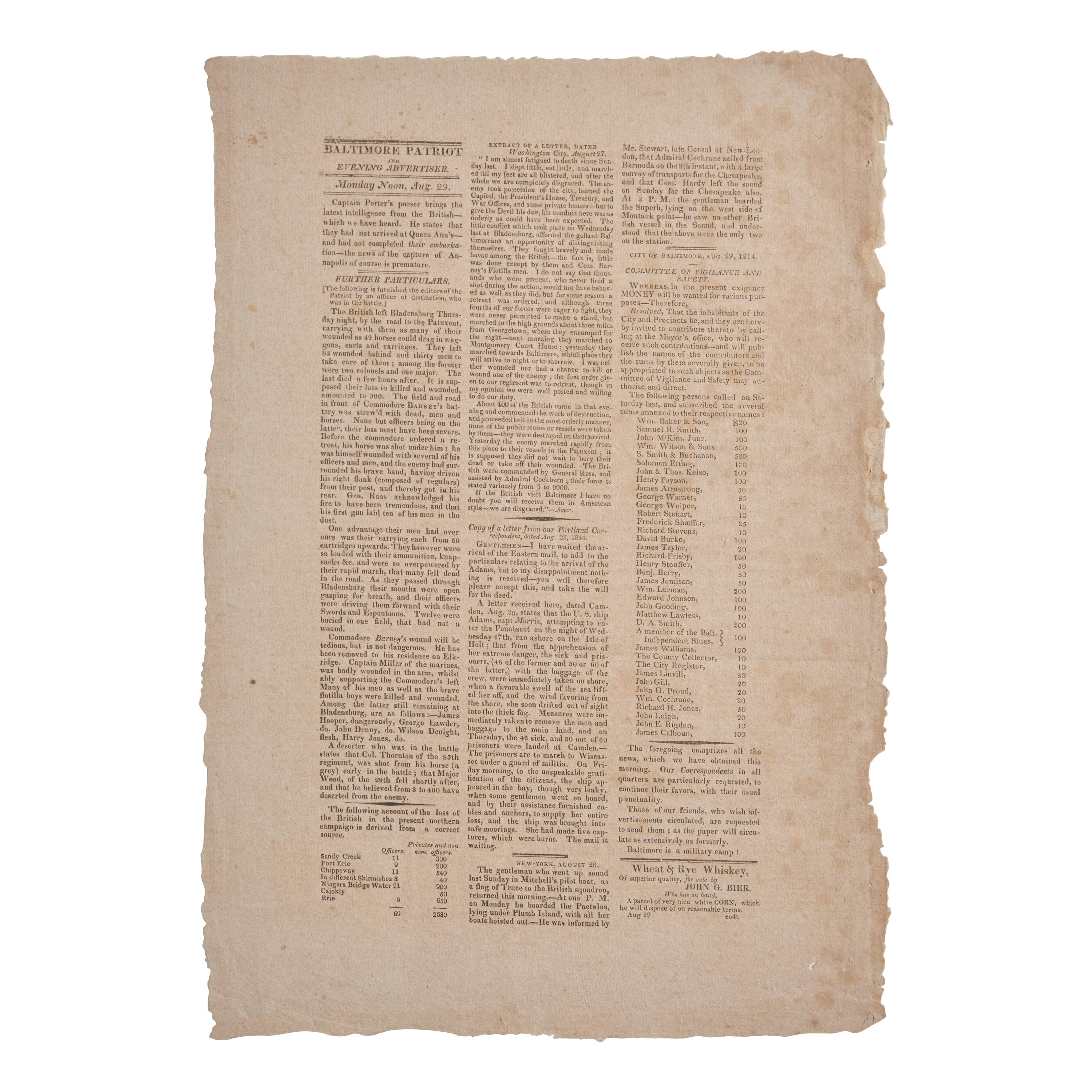 [War of 1812] Likely the Earliest Broadside of this Catastrophic Event, Containing a Description of the Burning of Washington D.C. on August 24, 1814
