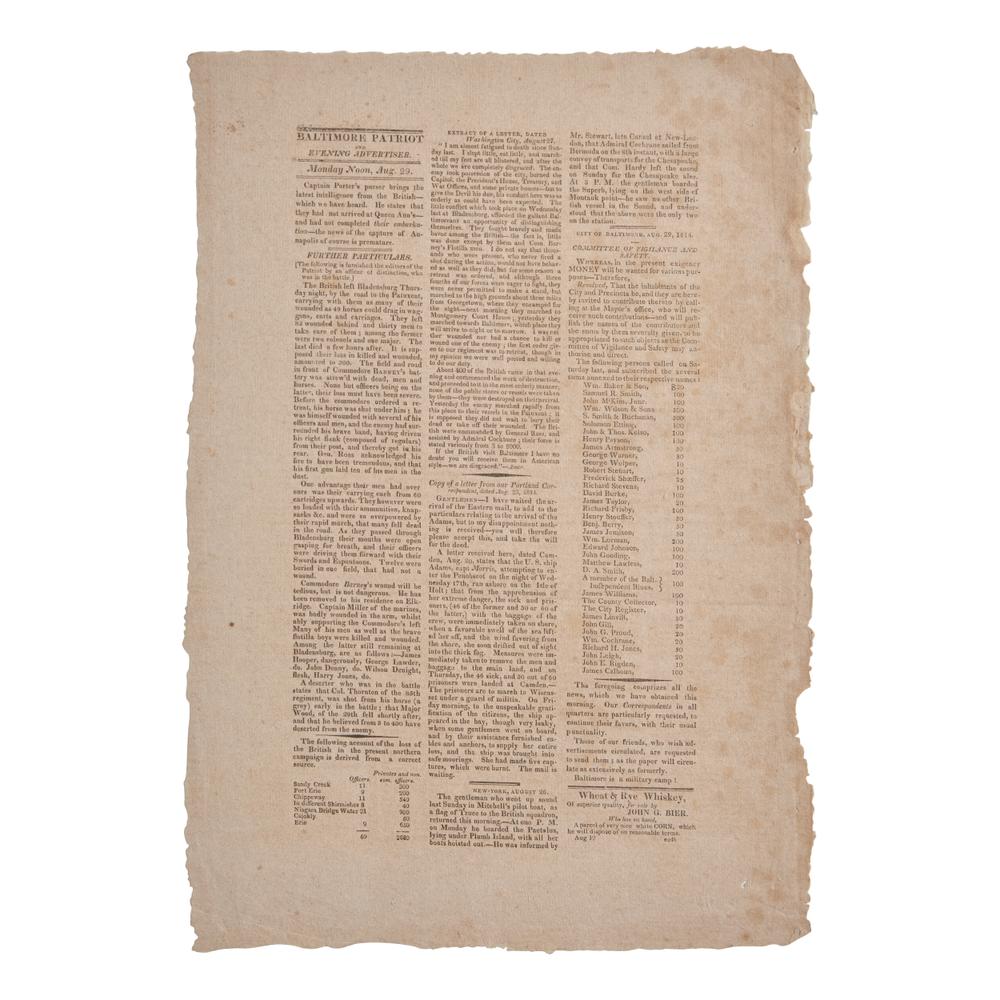 [War of 1812] Likely the Earliest Broadside of this Catastrophic Event, Containing a Description of the Burning of Washington D.C. on August 24, 1814