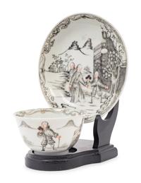 A Chinese Export 'Jesuit' En Grisaille Porcelain Teacup and Saucer