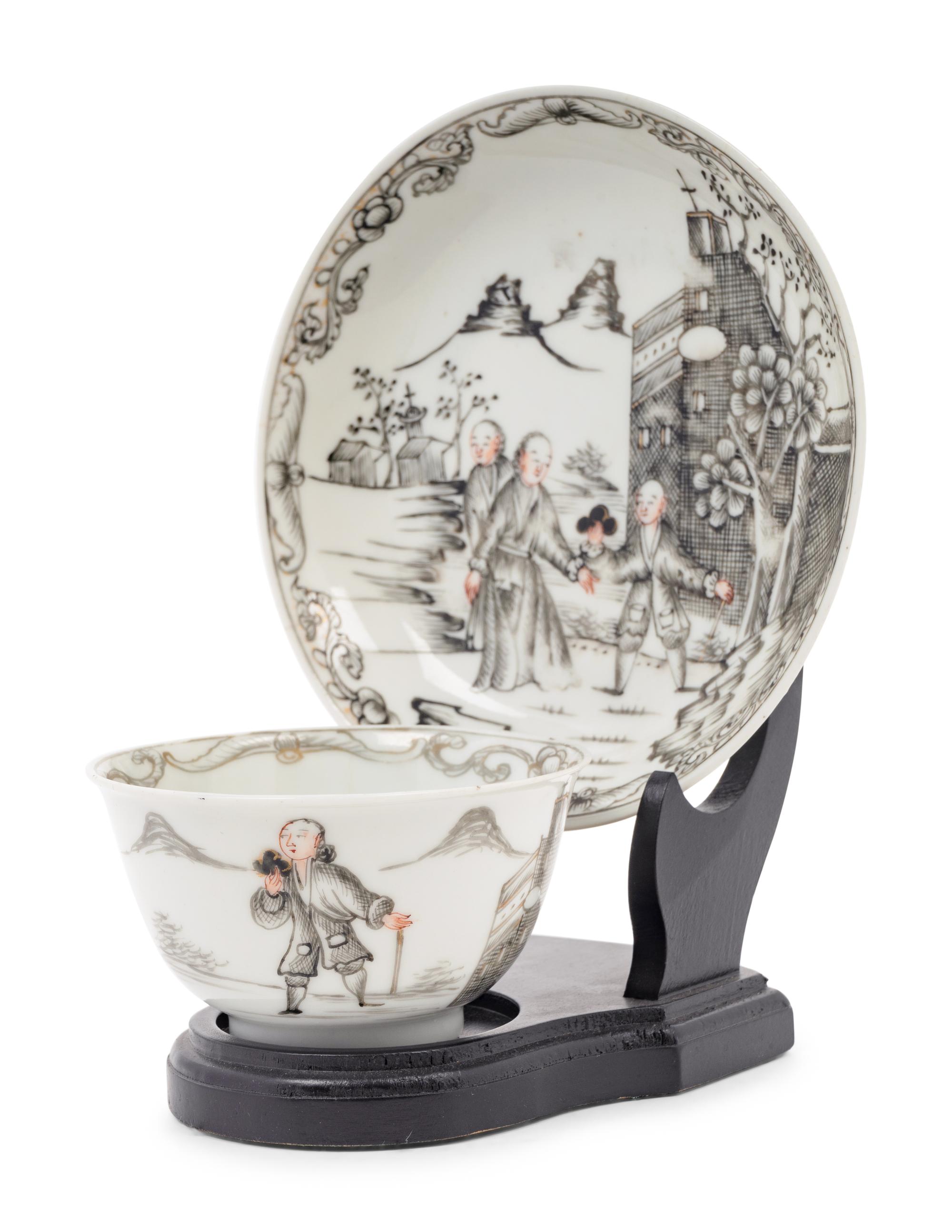 A Chinese Export 'Jesuit' En Grisaille Porcelain Teacup and Saucer