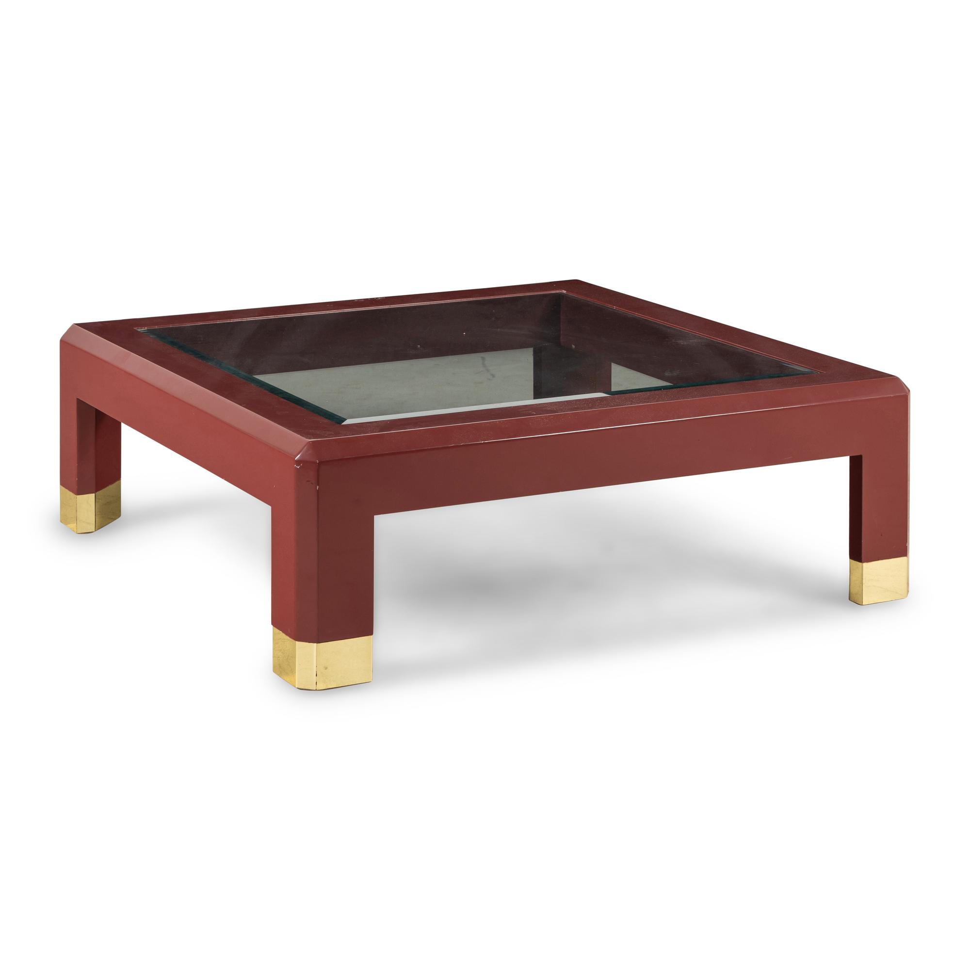 A Contemporary Lacquer, Glass and Chrome Low Table in the Style of Karl Springer
