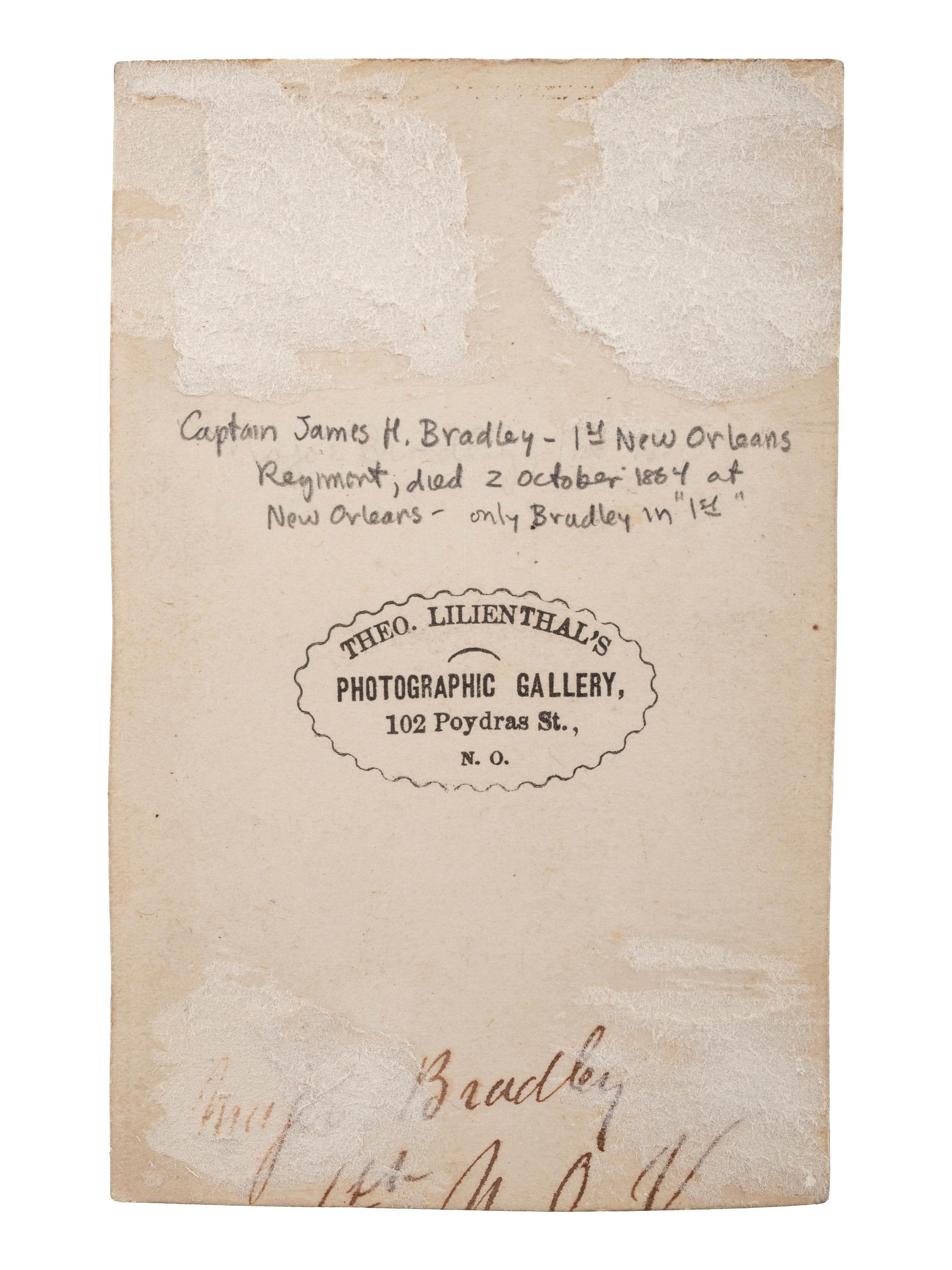 [CIVIL WAR]. LILIENTHAL, Theodore (1829-1894), photographer. CDV of 1st New Orleans Volunteer Captain James H. Bradley. New Orleans, LA.