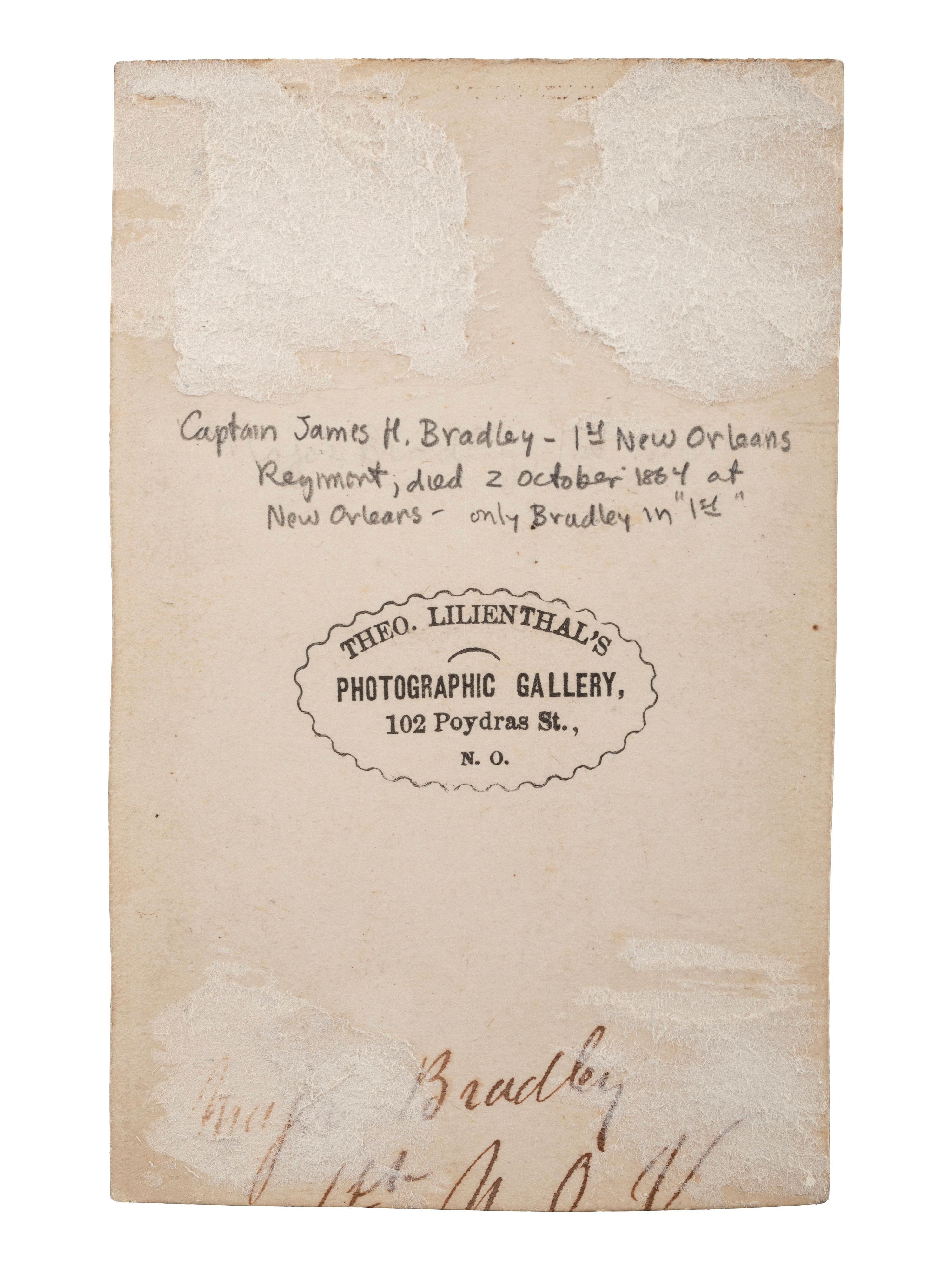 [CIVIL WAR]. LILIENTHAL, Theodore (1829-1894), photographer. CDV of 1st New Orleans Volunteer Captain James H. Bradley. New Orleans, LA.