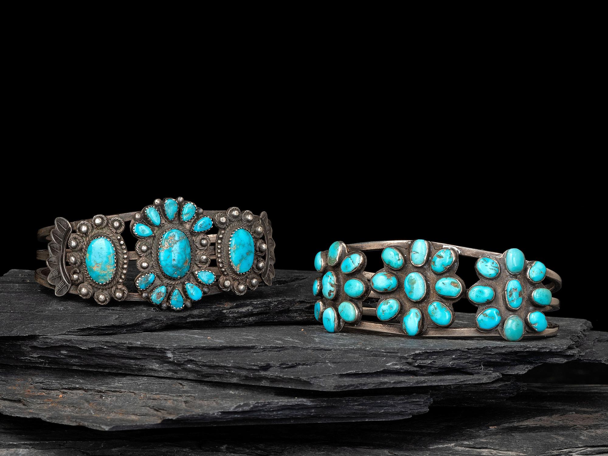 Navajo or Zuni Silver and Turquoise Cluster Cuff Bracelets