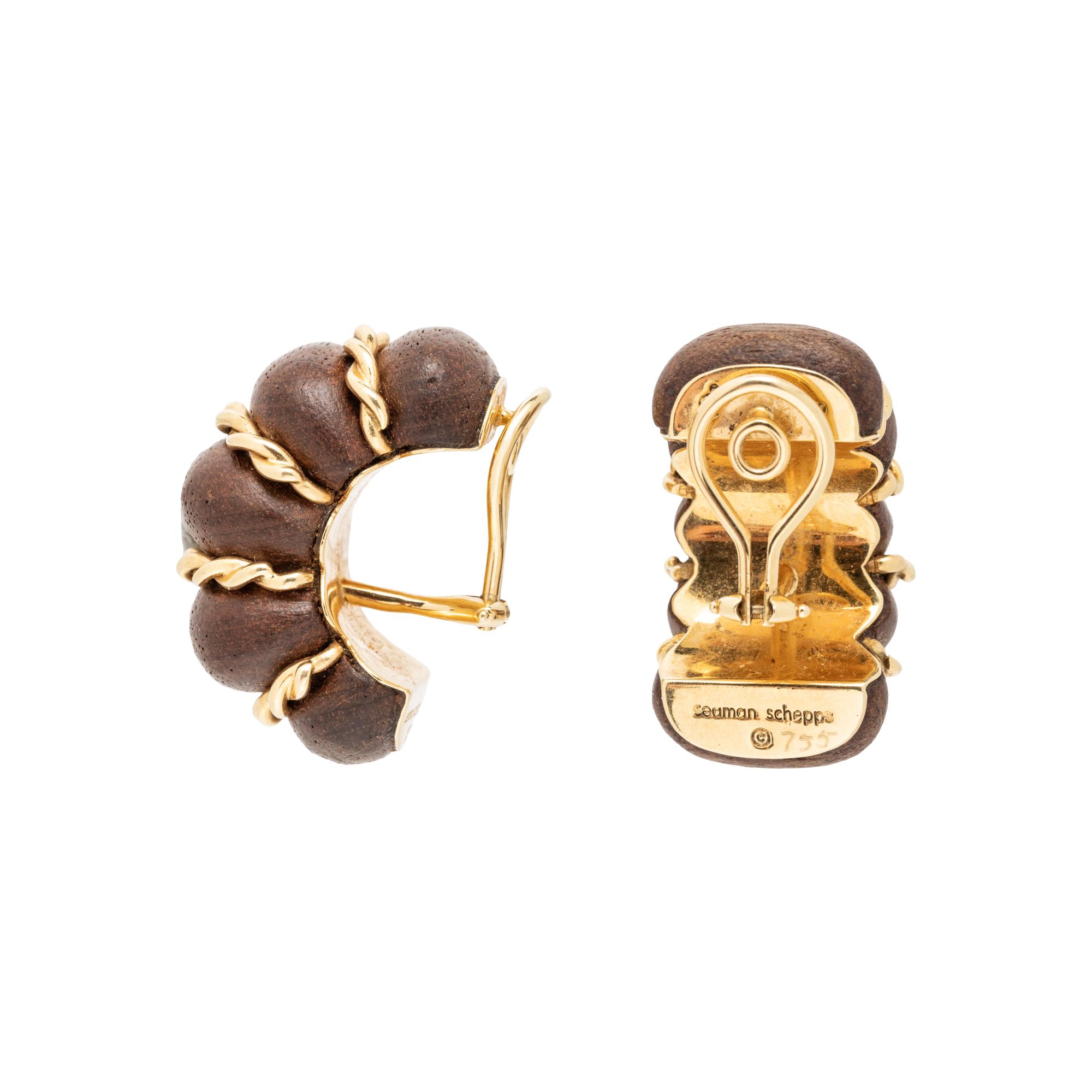 SEAMAN SCHEPPS, WOOD AND YELLOW GOLD 'SHRIMP' EARRINGS