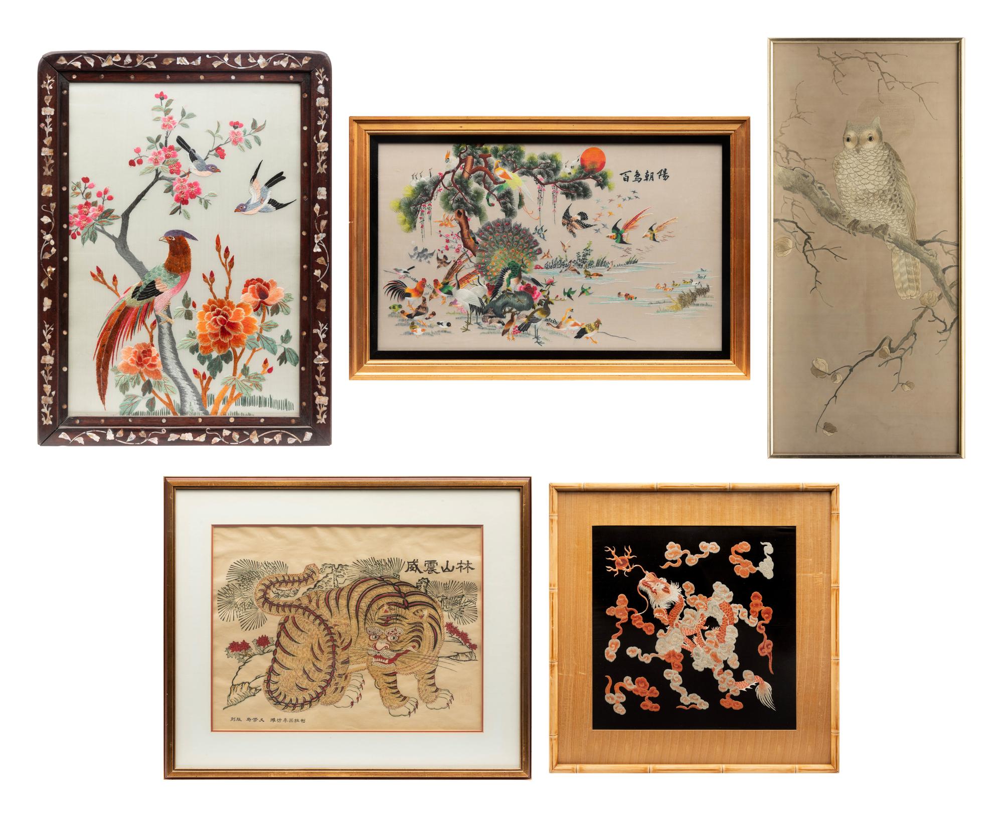 Five Chinese and Japanese Embroidered Silk Panels
