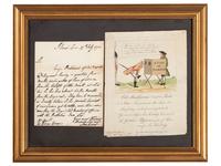 AMHERST, Jeffery, 1st Baron Amherst (1717-1797). Autograph letter signed ("Amherst"). St. James Square, [London], 27 July 1792. [ Framed with :] Political cartoon of Lord Amherst. London: M. Darley, 1780.