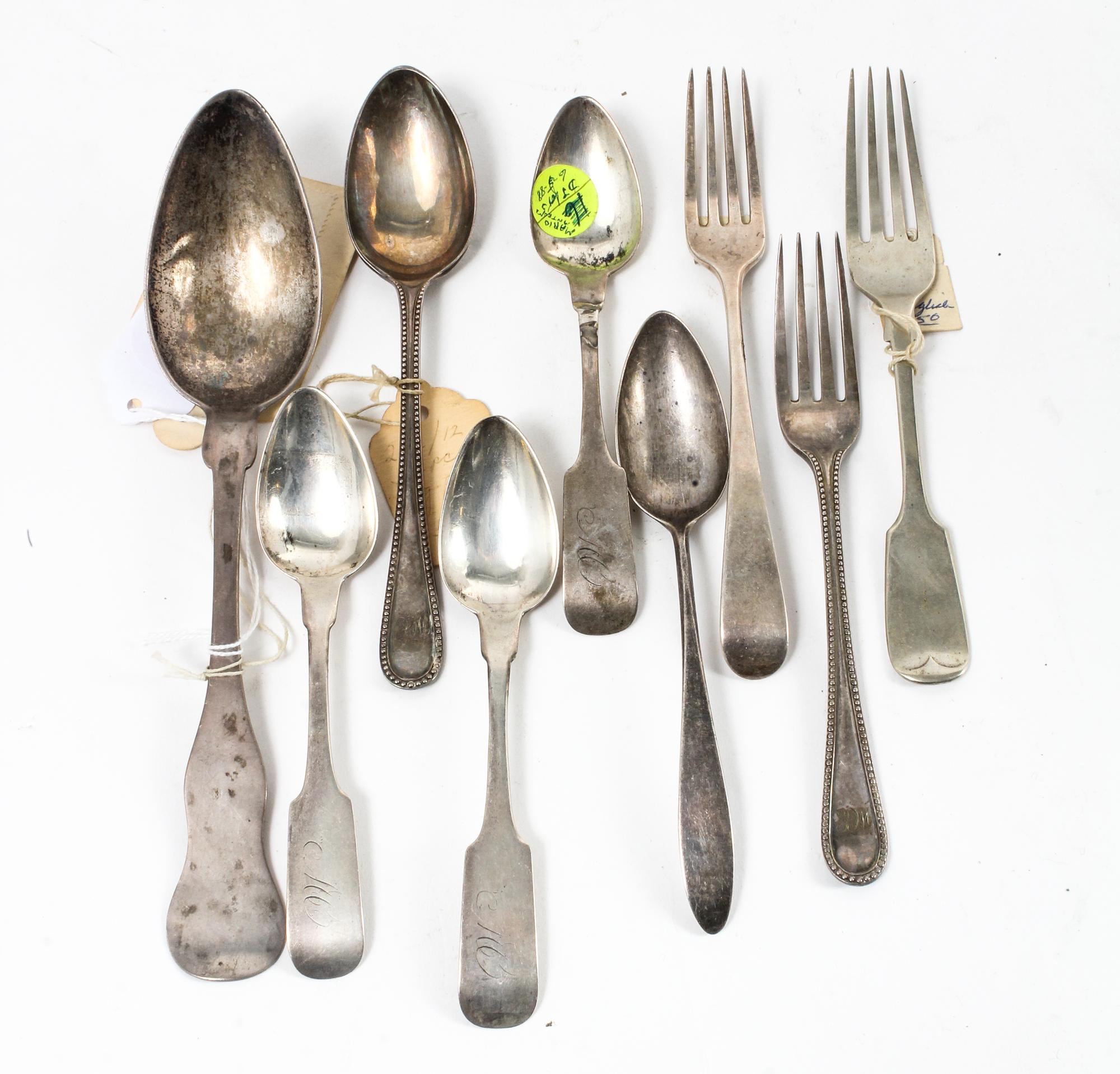 A Collection of Silver Flatware Articles, various makers, comprising a George III silver Old English form fork marked Thomas Wallis, Lo