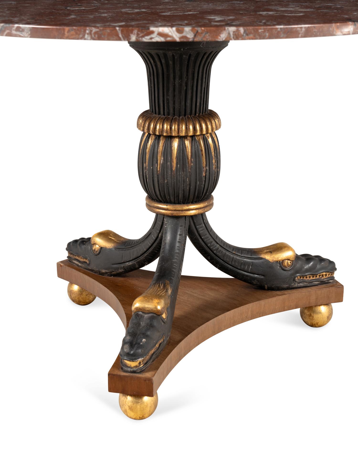 A Continental Neoclassical Style Painted and Parcel Gilt Marble-Top Center Table