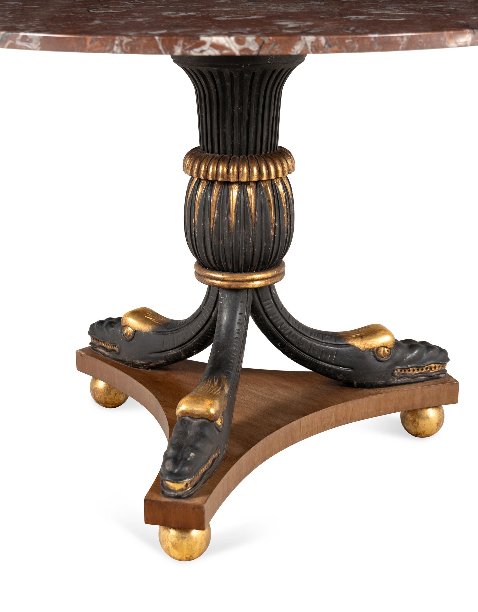 A Continental Neoclassical Style Painted and Parcel Gilt Marble-Top Center Table