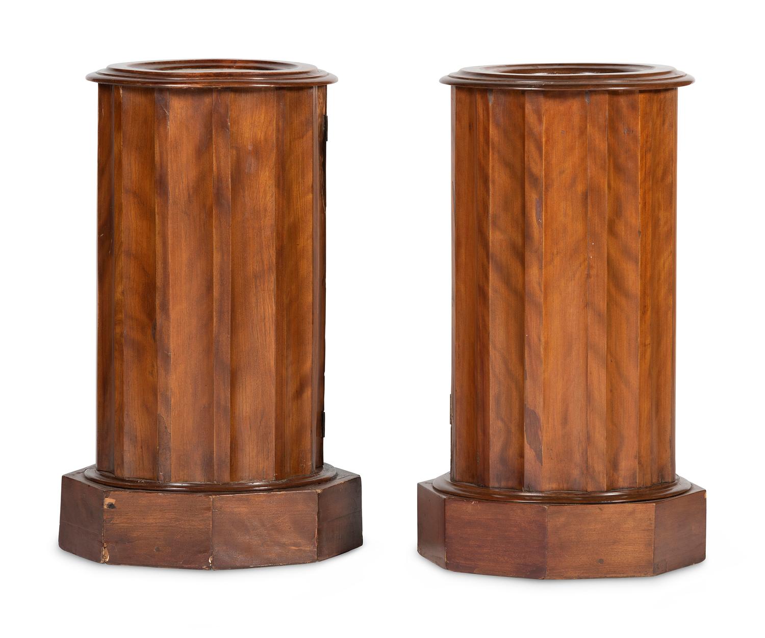 A Matched Pair of Regency Style Marble-Inset Figured Birch Column-Form Pot Cupboards