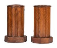 A Matched Pair of Regency Style Marble-Inset Figured Birch Column-Form Pot Cupboards