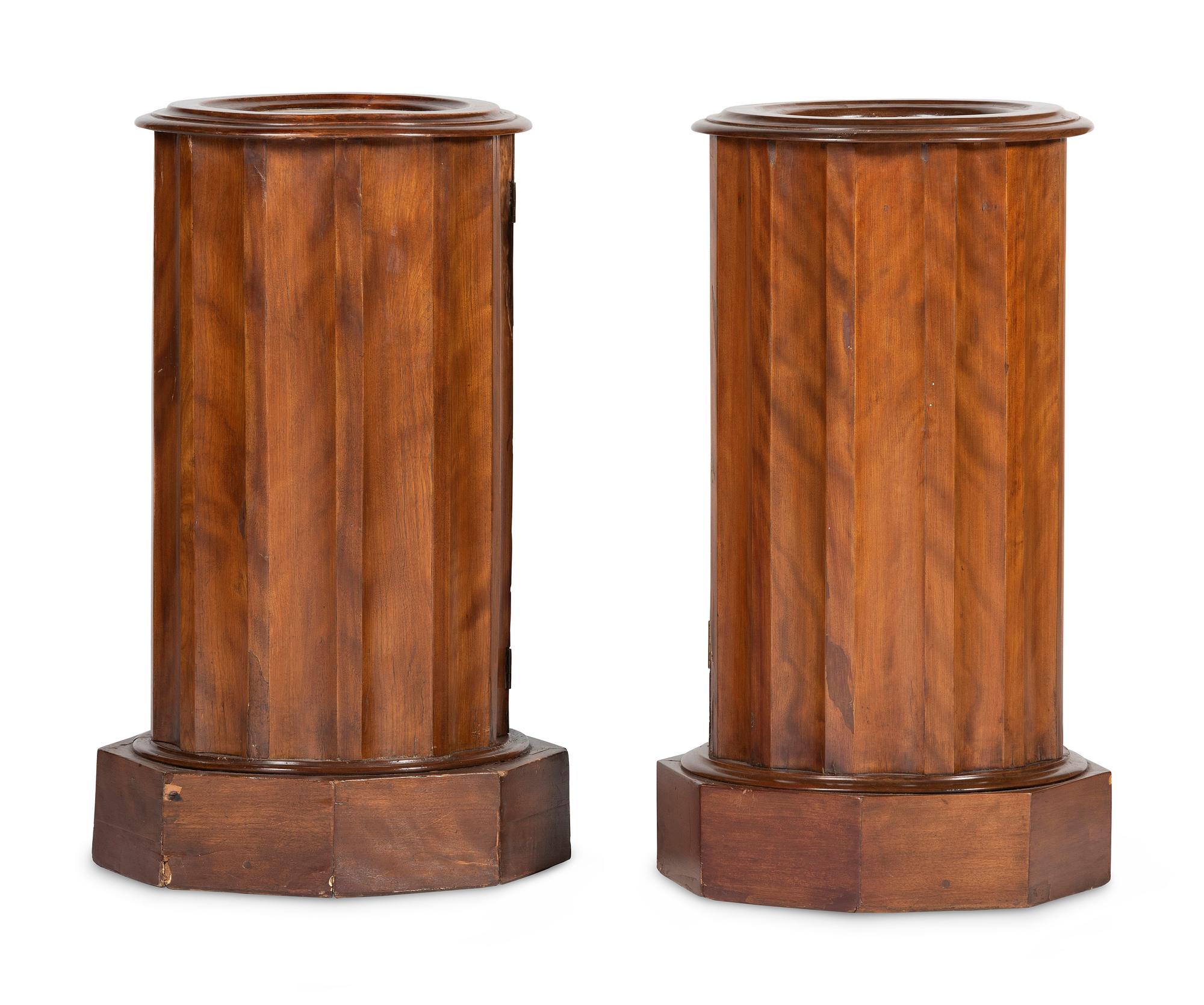 A Matched Pair of Regency Style Marble-Inset Figured Birch Column-Form Pot Cupboards