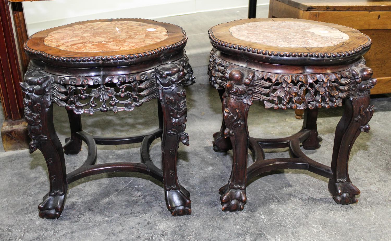 Two Carved Chinese Hardwood Taborets Height 18 inches. — EARLY 20TH CENTURY