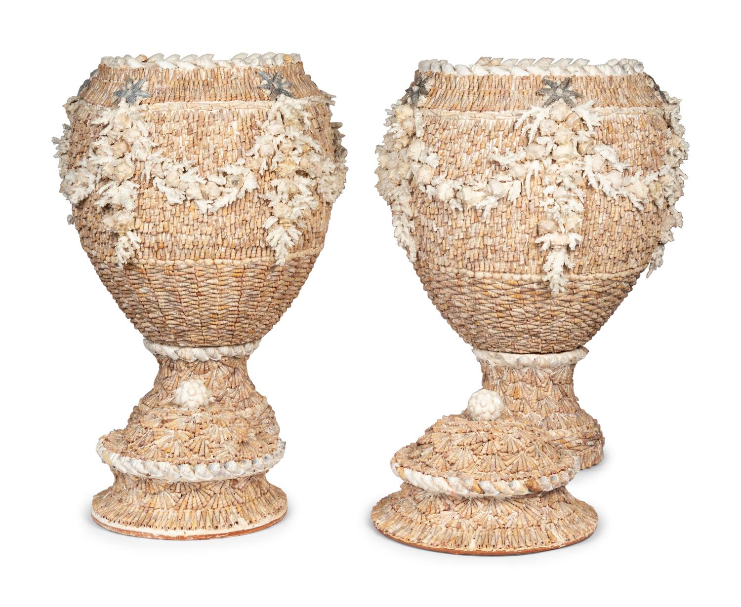 A Pair of Shell-Encrusted Baluster-Form Urns and Covers