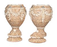 A Pair of Shell-Encrusted Baluster-Form Urns and Covers